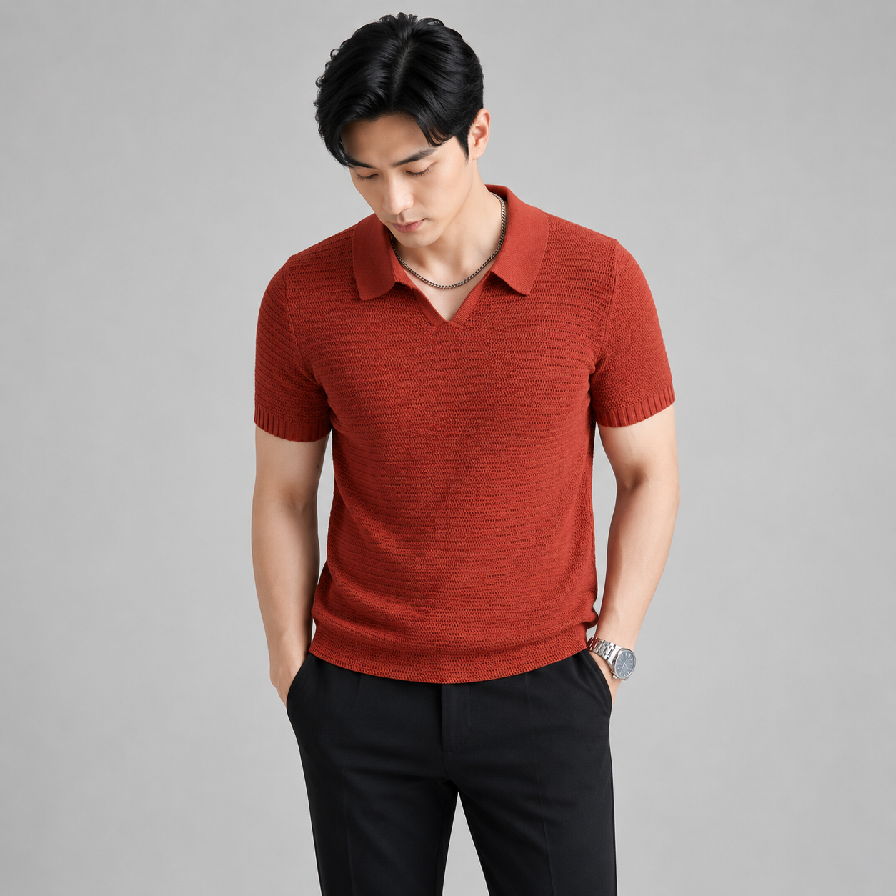 Men’s Short Sleeve Knit V-Neck Polo Shirt