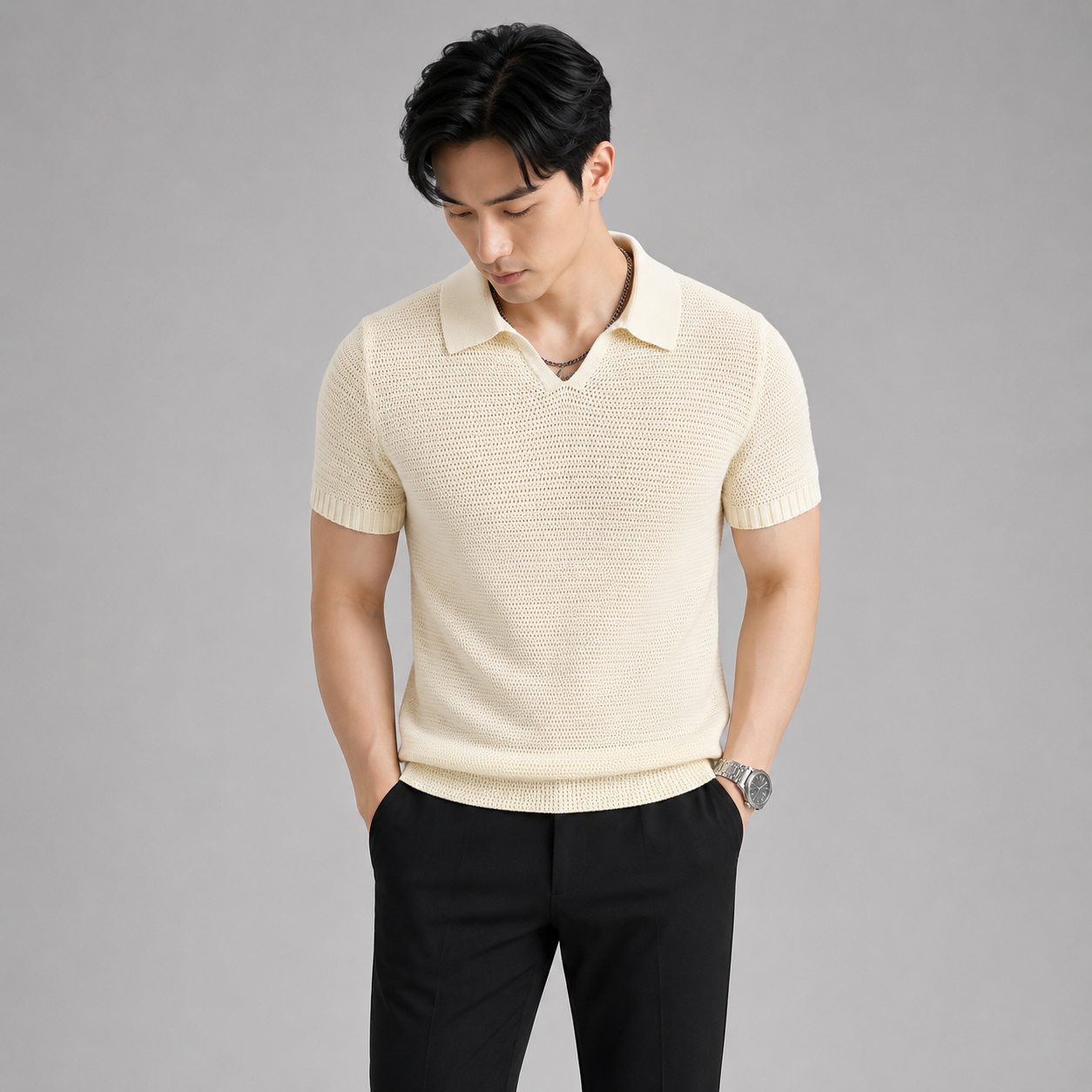 Men’s Short Sleeve Knit V-Neck Polo Shirt
