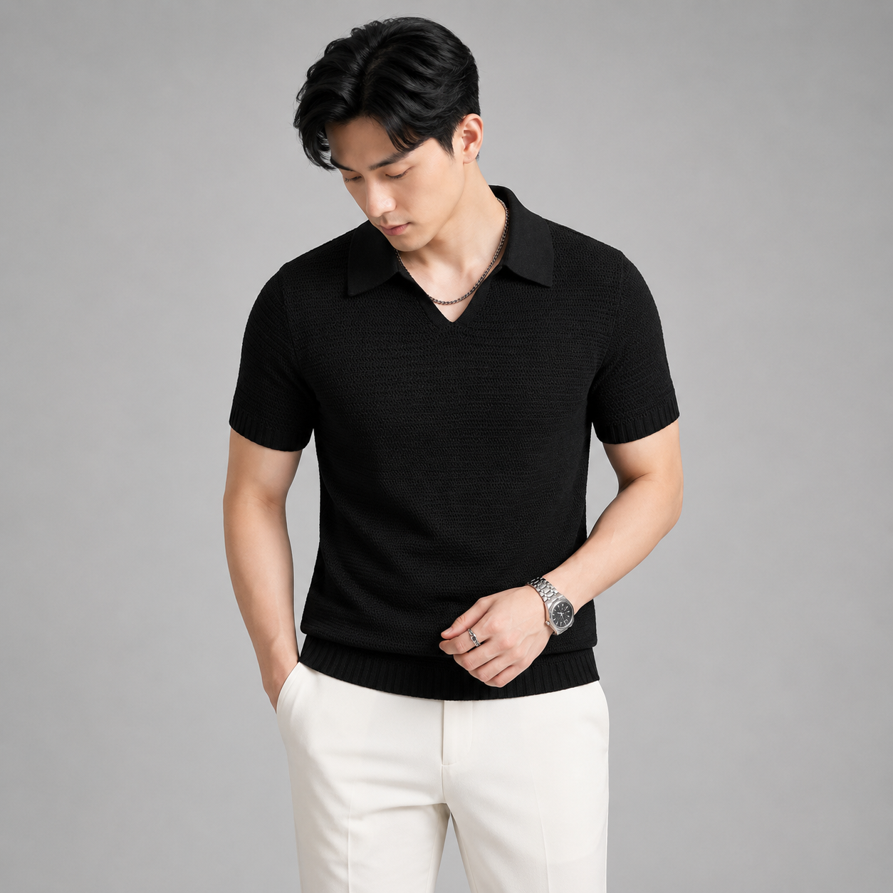 Men’s Short Sleeve Knit V-Neck Polo Shirt