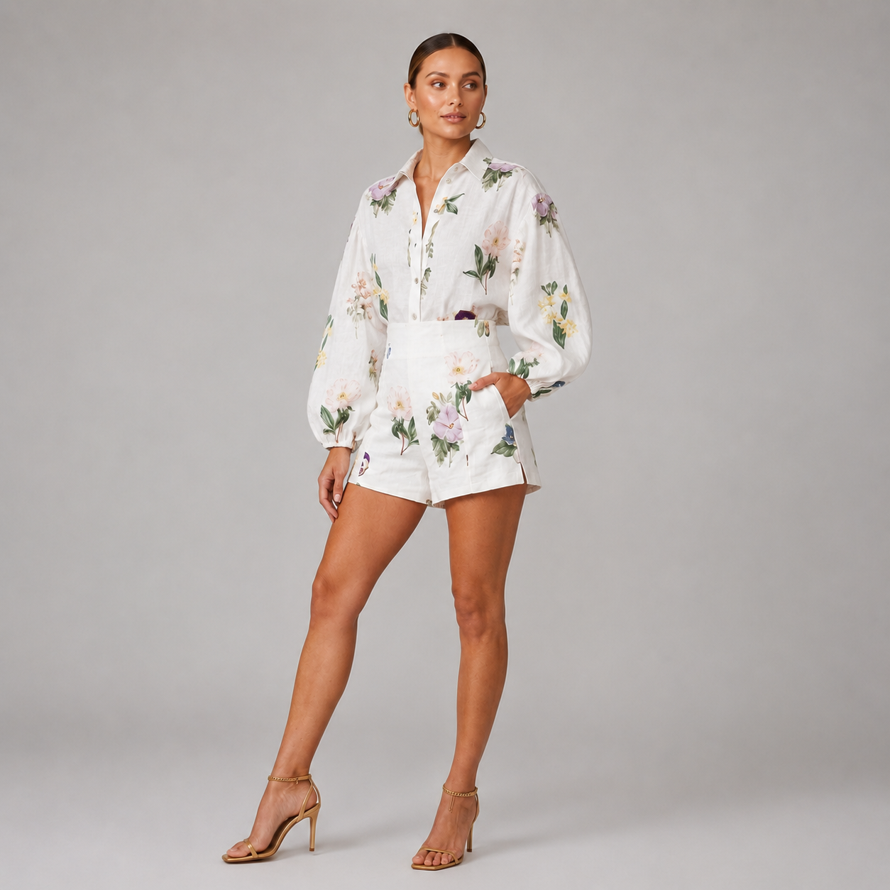 Women's Floral Print Shirt & High Waist Shorts Set