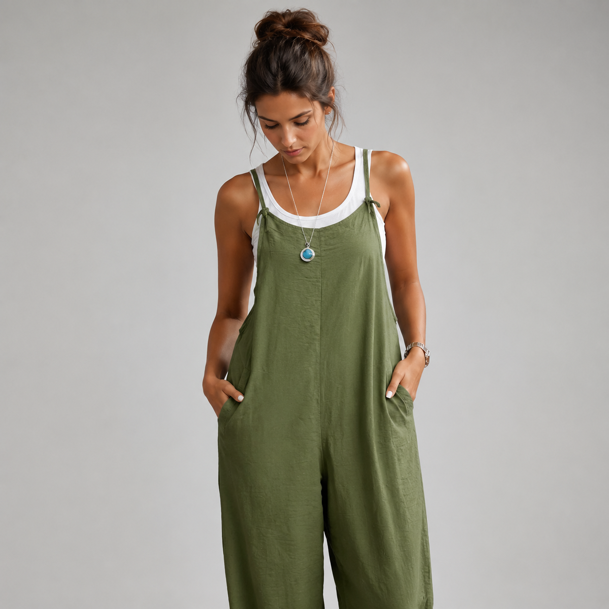 Women's Linen Wide Leg Pants Dungaree Jumpsuit