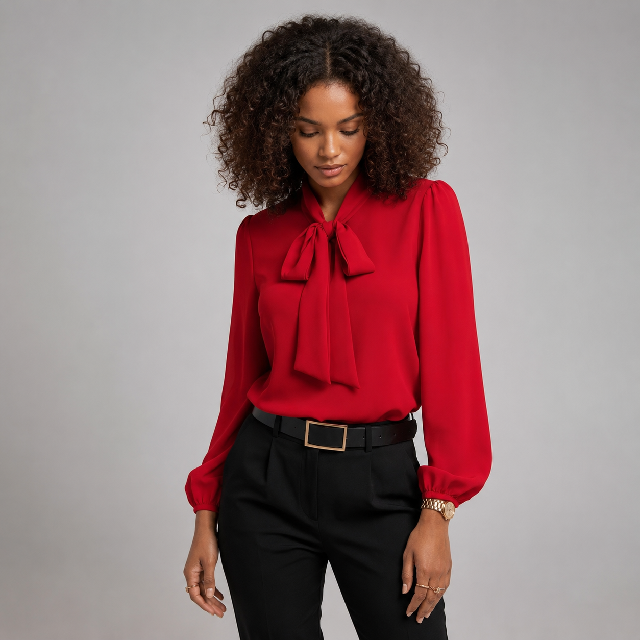 Women's Relaxed-Fit Bow-Tie Neck Long-Sleeve Blouse