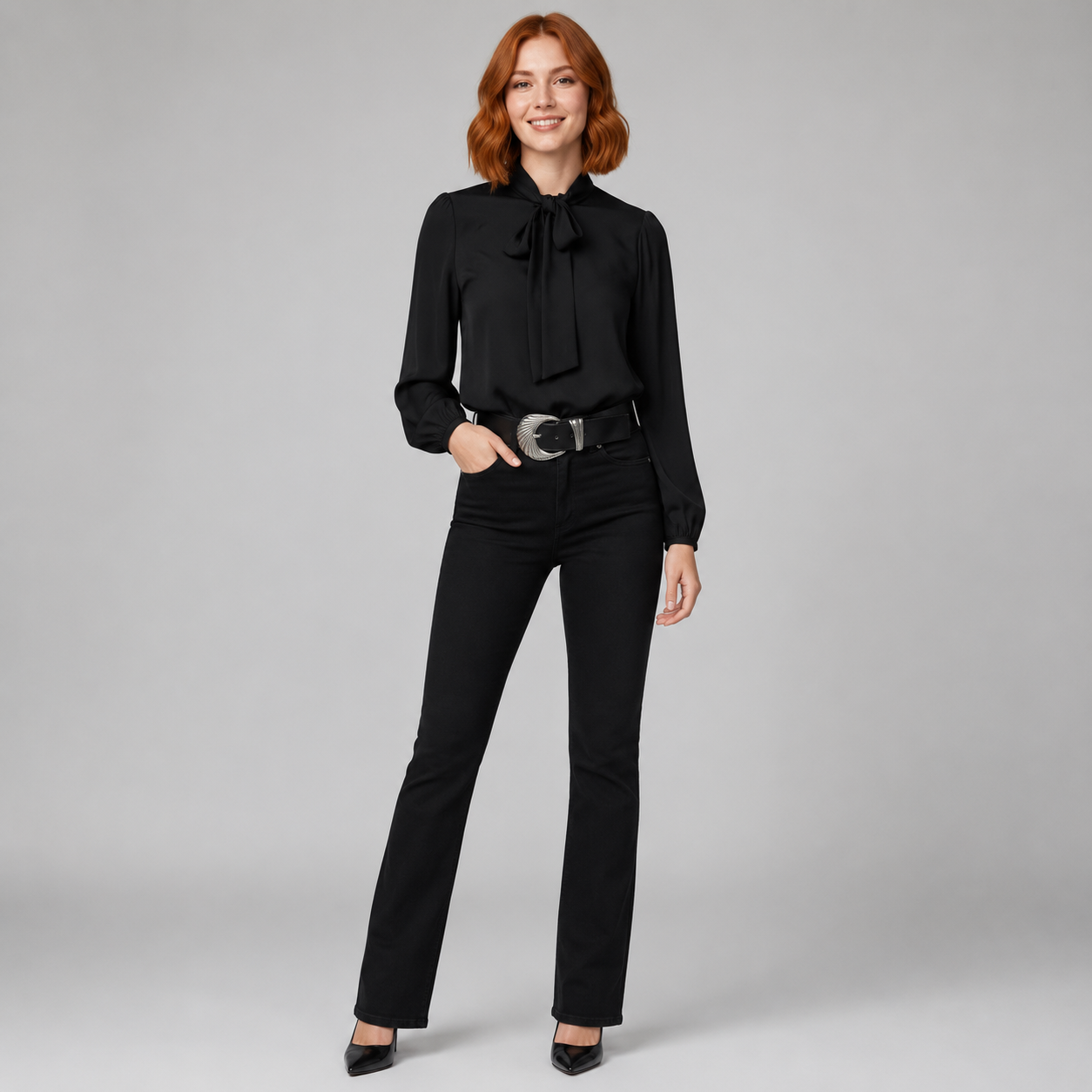 Women's Relaxed-Fit Bow-Tie Neck Long-Sleeve Blouse