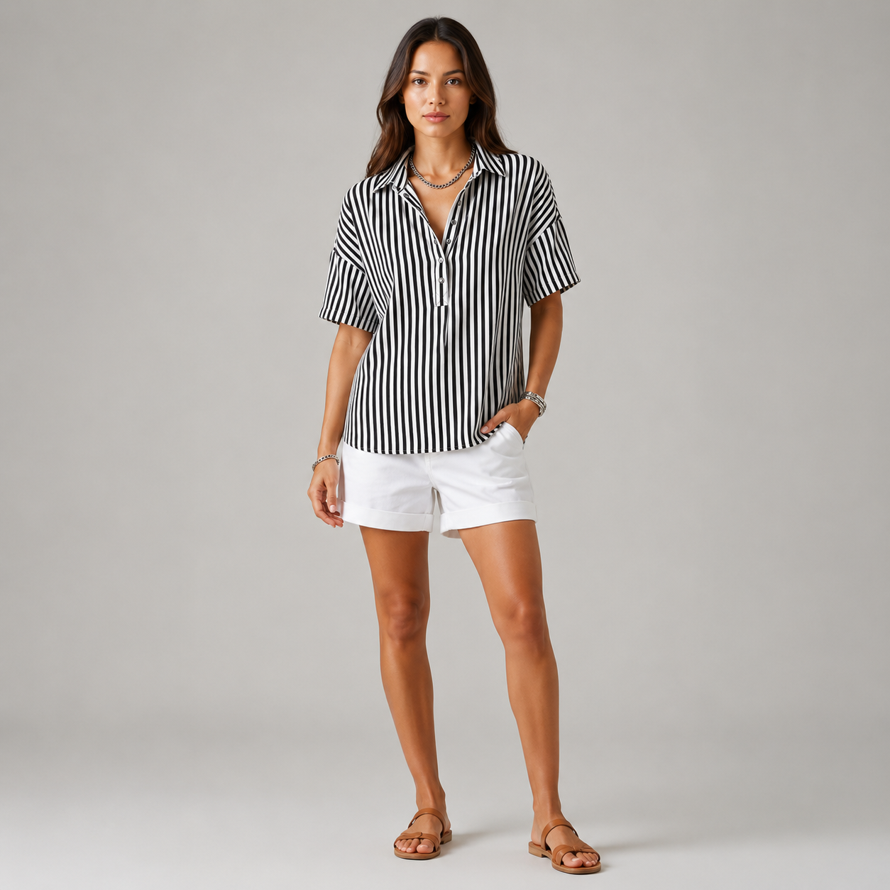 Women's Relaxed-Fit Striped Half-Button Collared Blouse