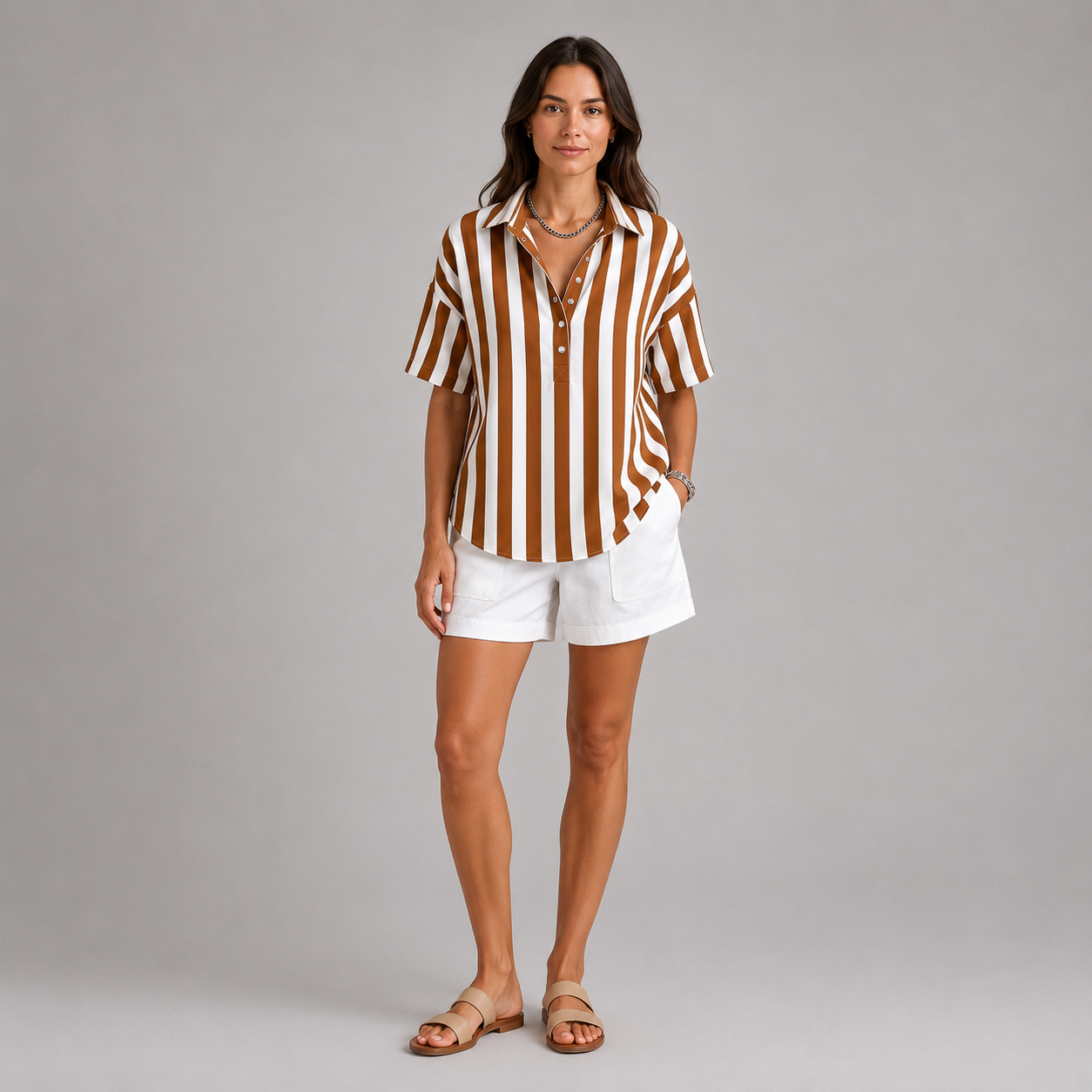 Women's Relaxed-Fit Striped Half-Button Collared Blouse