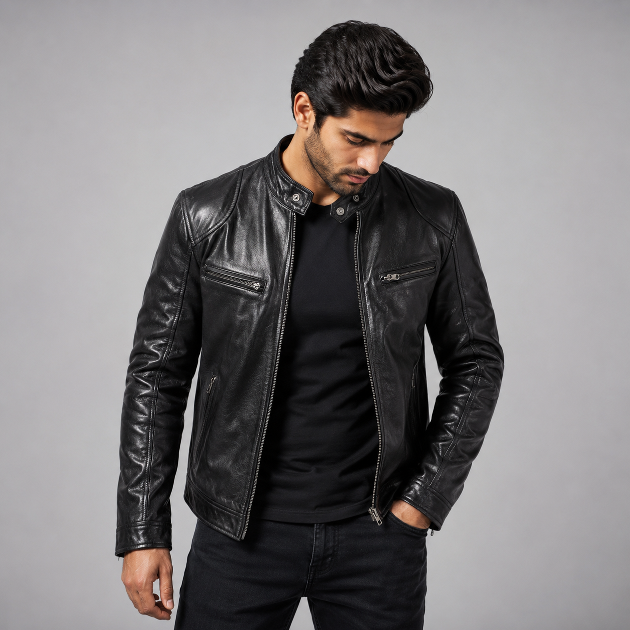 Men's Slim-Fit Biker Leather Coats & Jackets With Zip Pockets