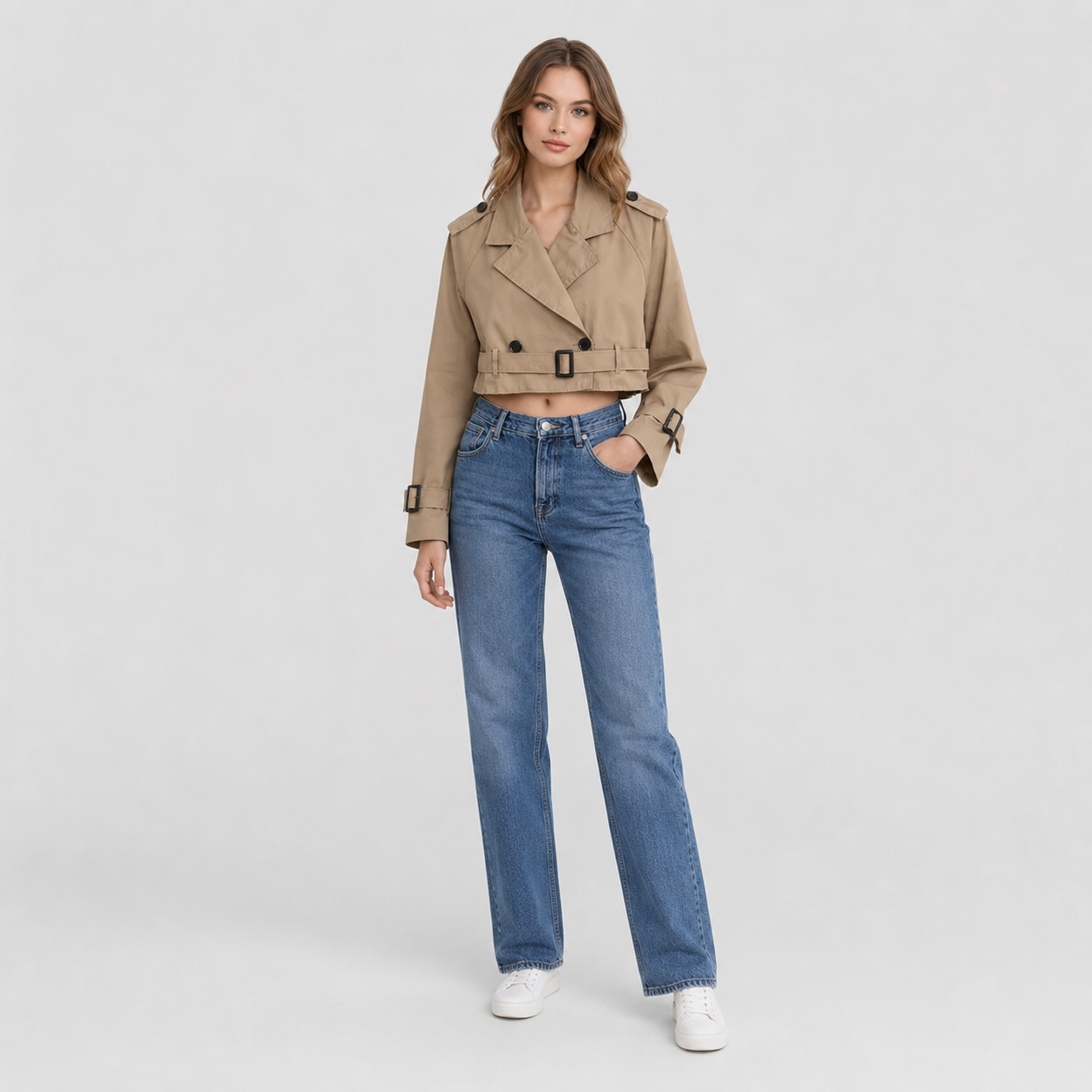 Women's Cropped Double-Breasted Belted Trench Coat