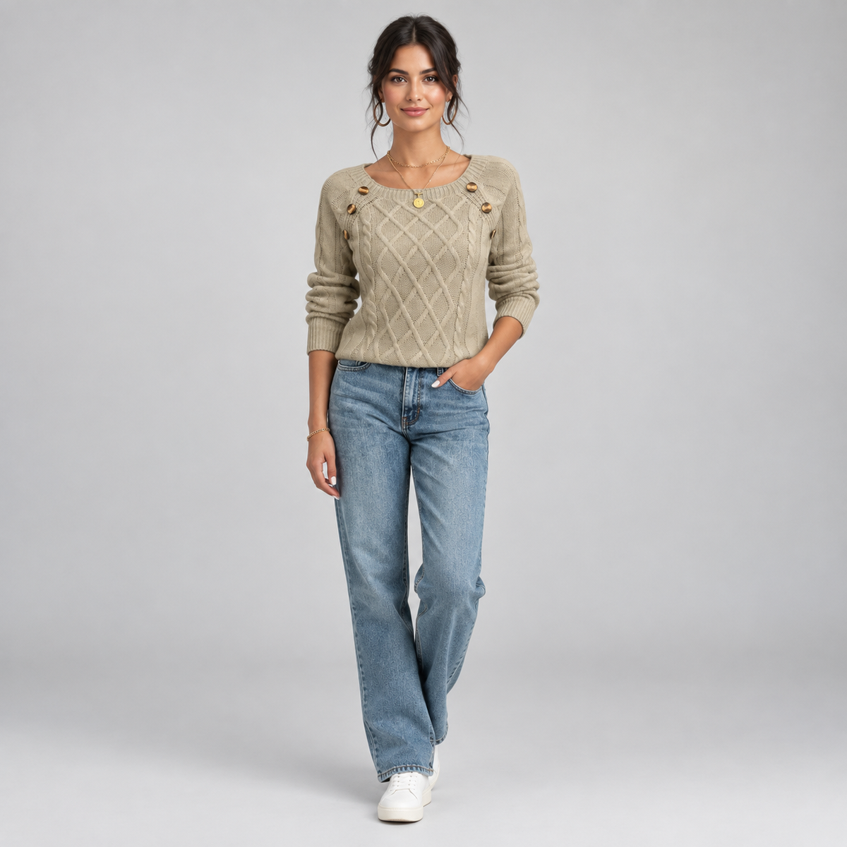 Women's Cable Knit Round Neck Sweater on a model, colour option
