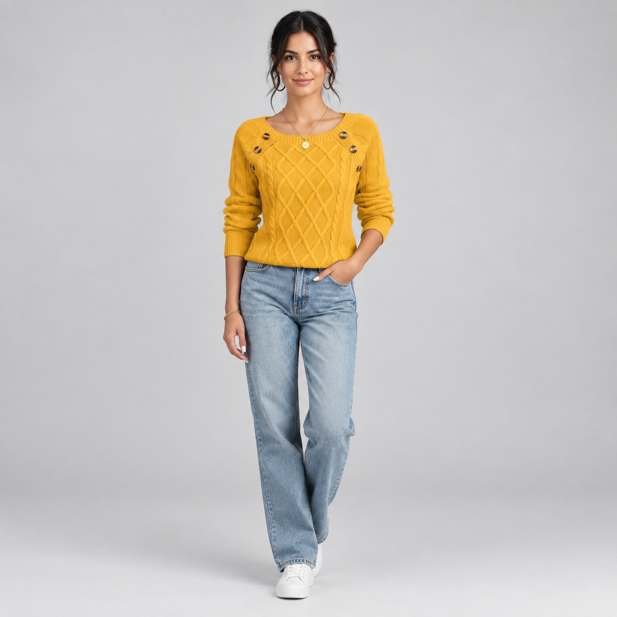 Women's Cable Knit Round Neck Sweater on a model, colour option