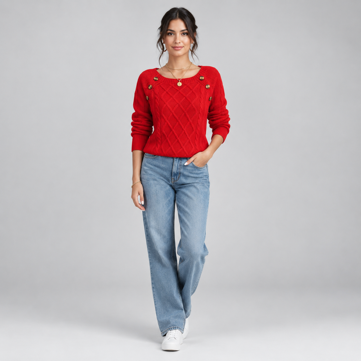 Women's Cable Knit Round Neck Sweater on a model, colour option