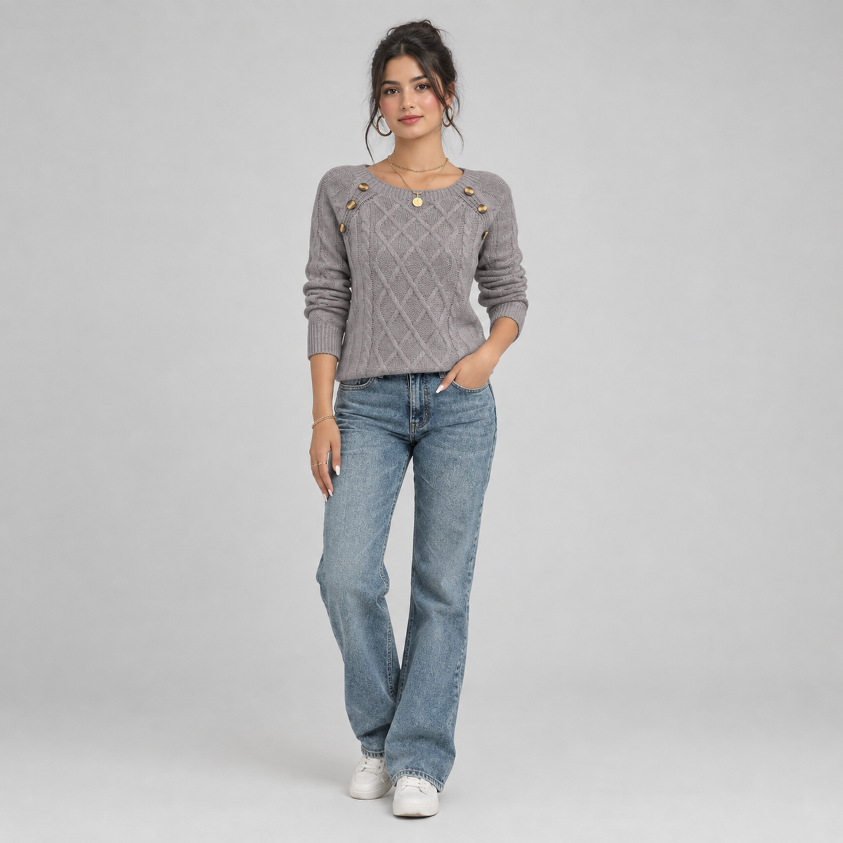 Women's Cable Knit Round Neck Sweater on a model, colour option