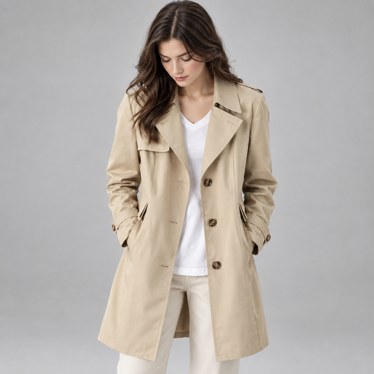 Women's Tailored Longline Button Coat on a model, front detail