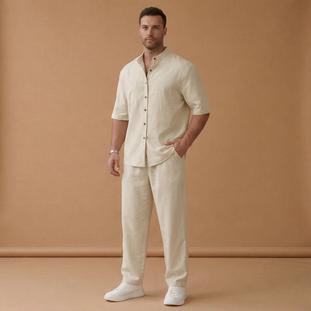 Men's Two Piece Short Sleeve Shirt and Trousers Set Summer