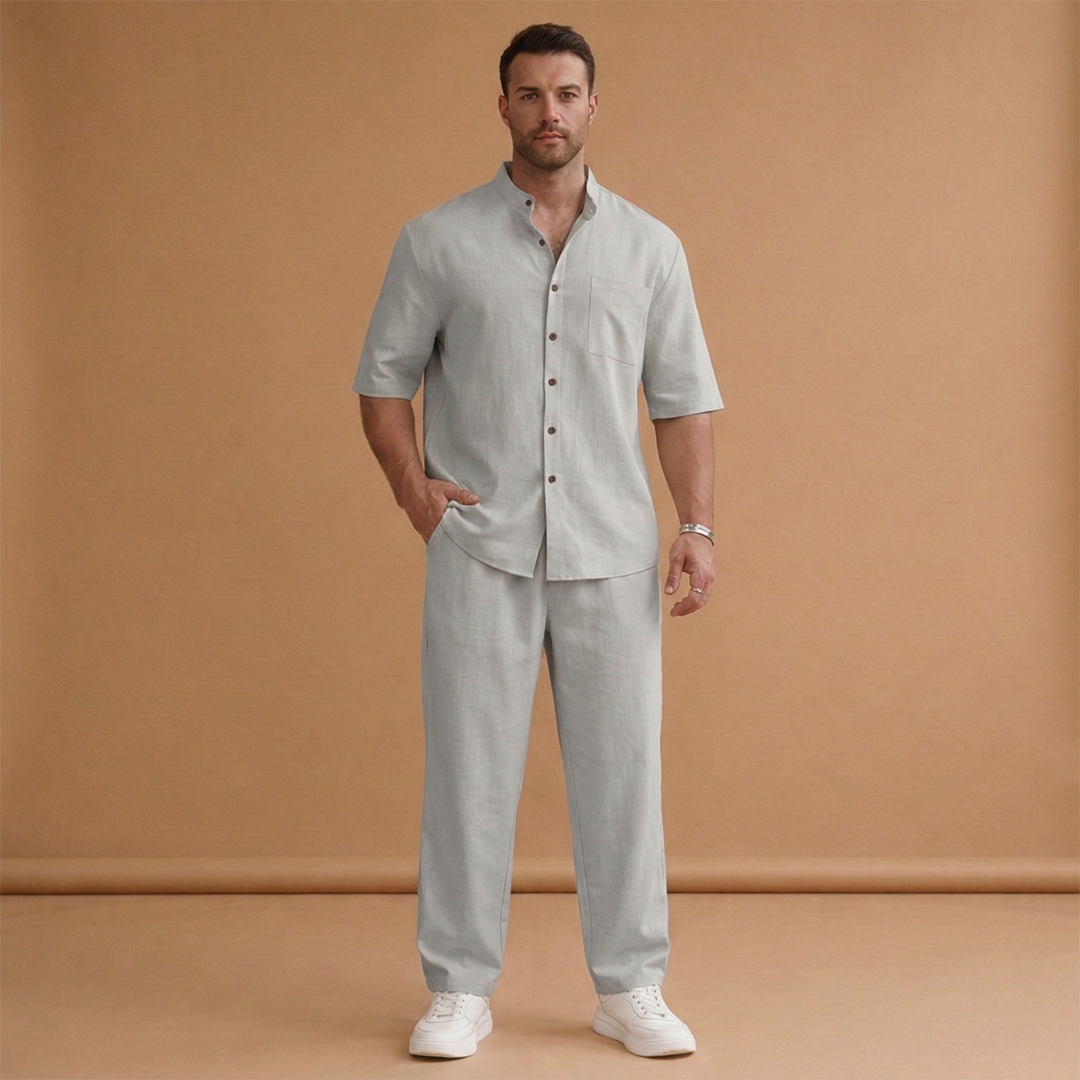 Men's Two Piece Short Sleeve Shirt and Trousers Set Summer