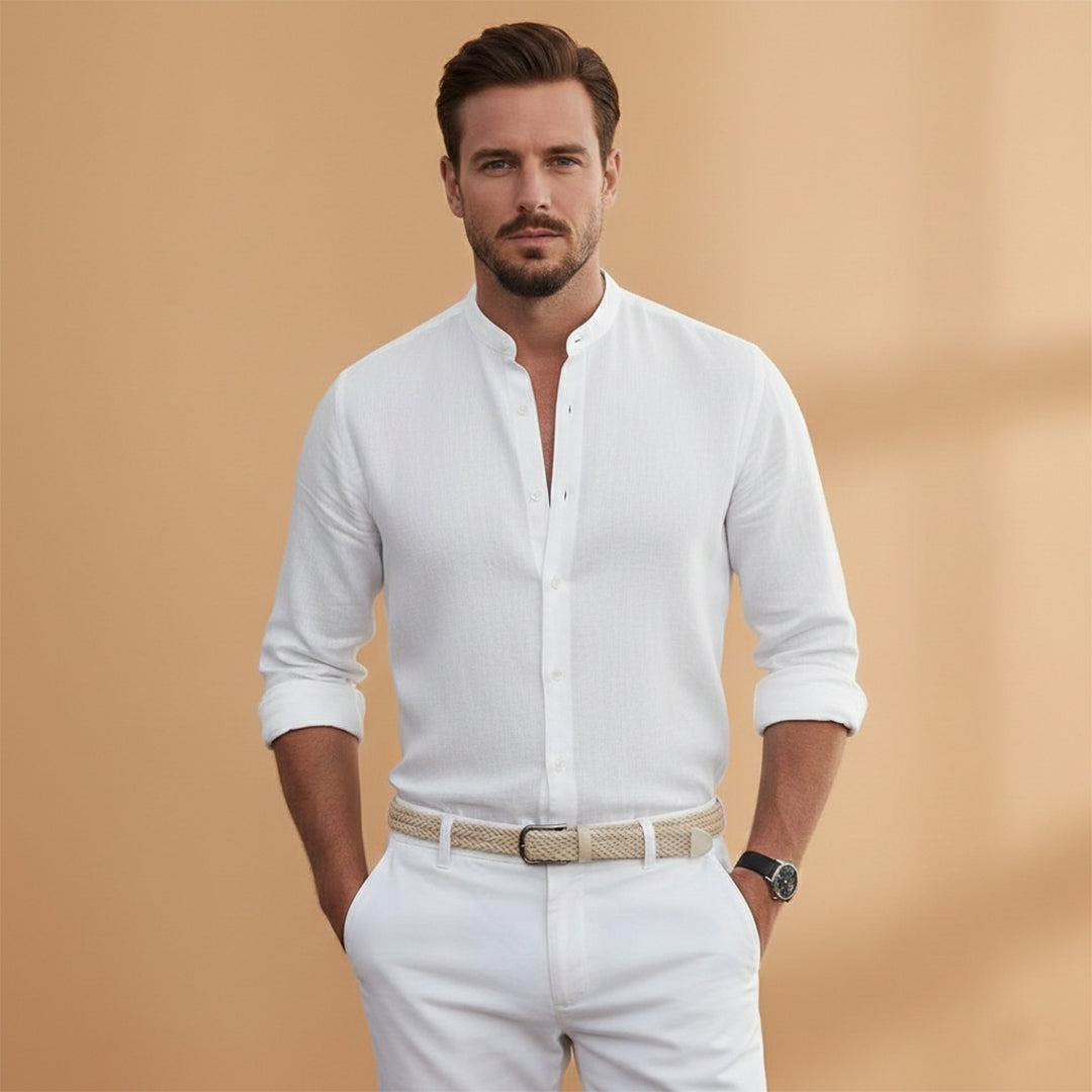 Men's Long Sleeve Stand Up Collar Button Down Shirt Summer