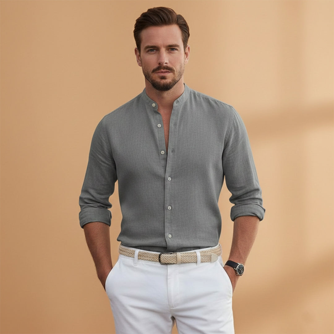 Men's Long Sleeve Stand Up Collar Button Down Shirt Summer
