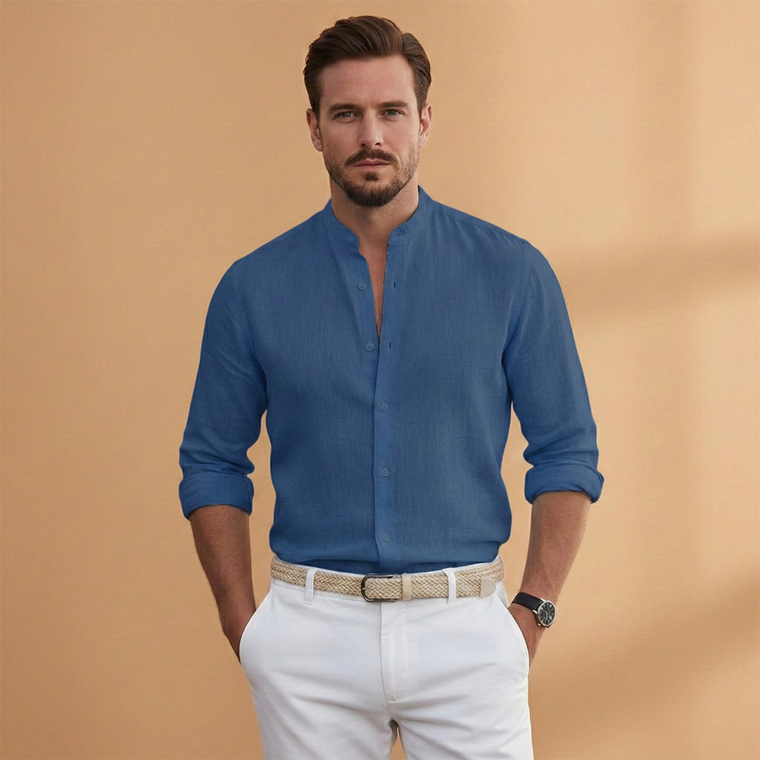 Men's Long Sleeve Stand Up Collar Button Down Shirt Summer