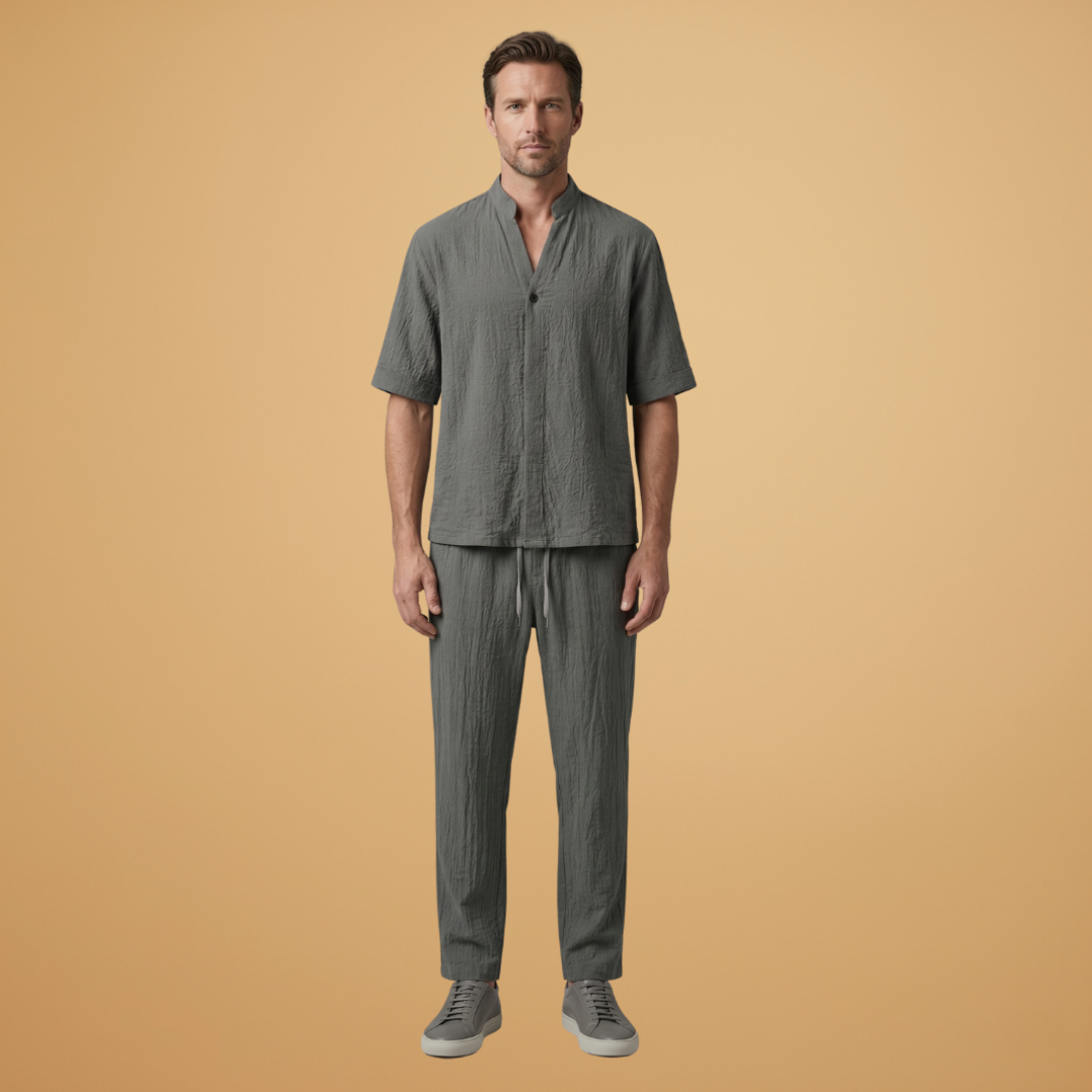Men's Two Piece Short Sleeve V-Neck Shirt and Drawstring Trousers Set