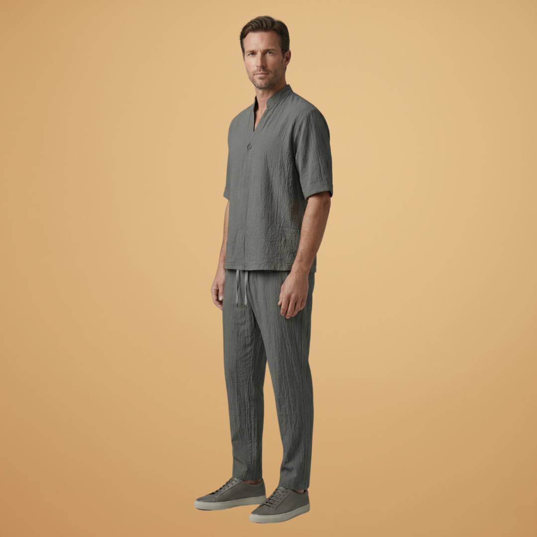 Men's Two Piece Short Sleeve V-Neck Shirt and Drawstring Trousers Set