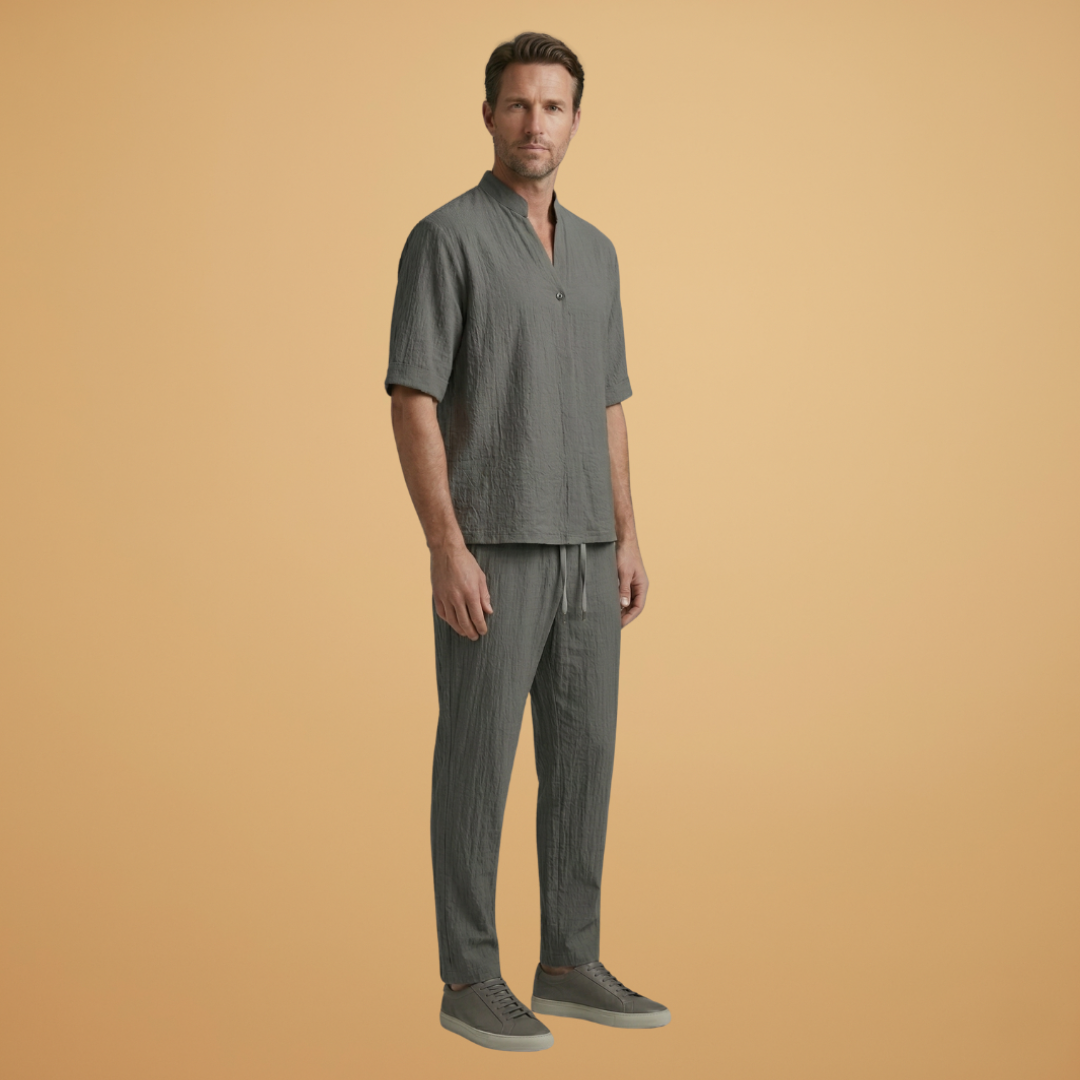 Men's Two Piece Short Sleeve V-Neck Shirt and Drawstring Trousers Set