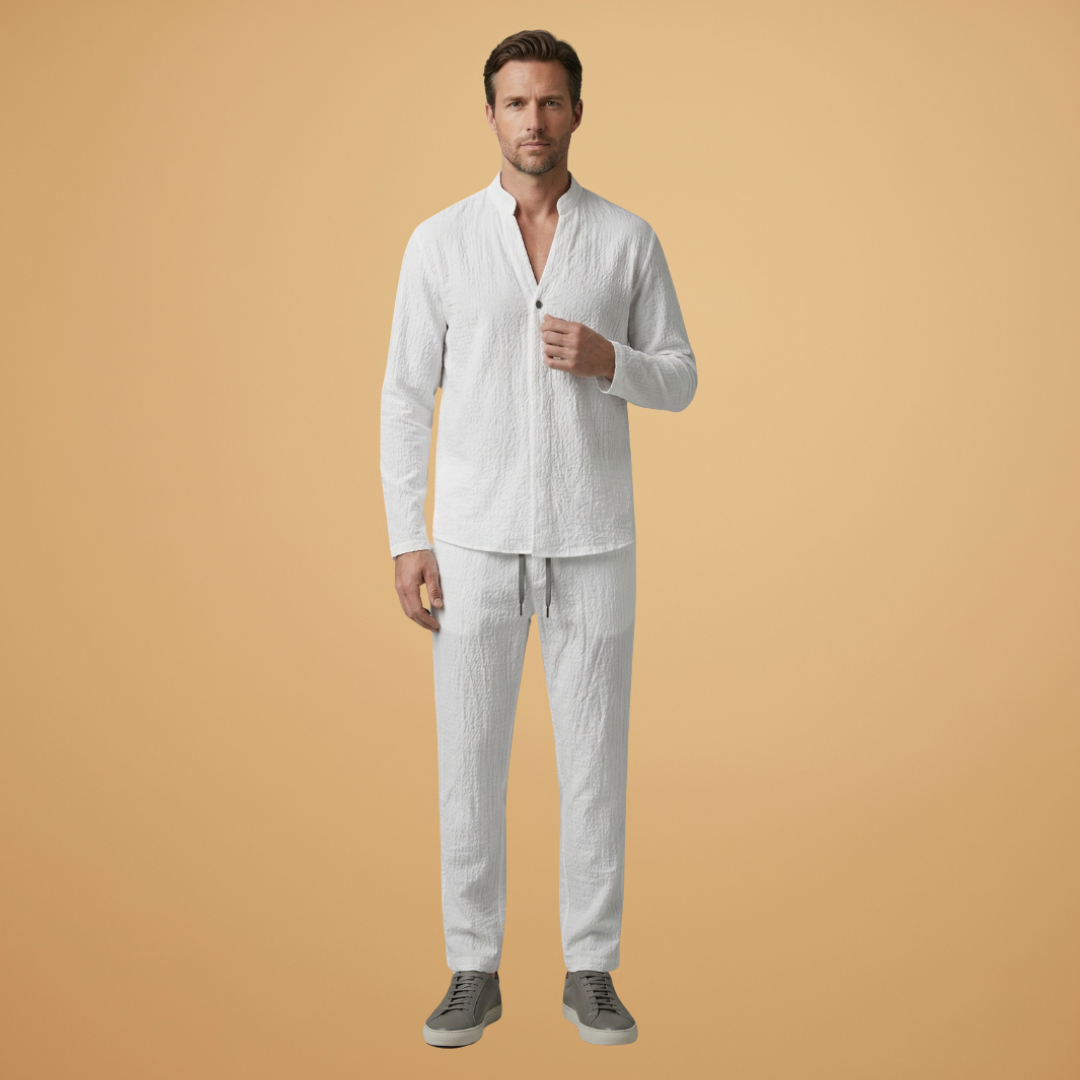 Men's Two Piece Short Sleeve V-Neck Shirt and Drawstring Trousers Set