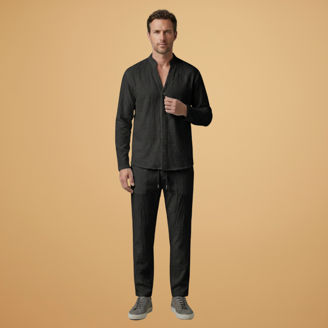 Men's Two Piece Short Sleeve V-Neck Shirt and Drawstring Trousers Set