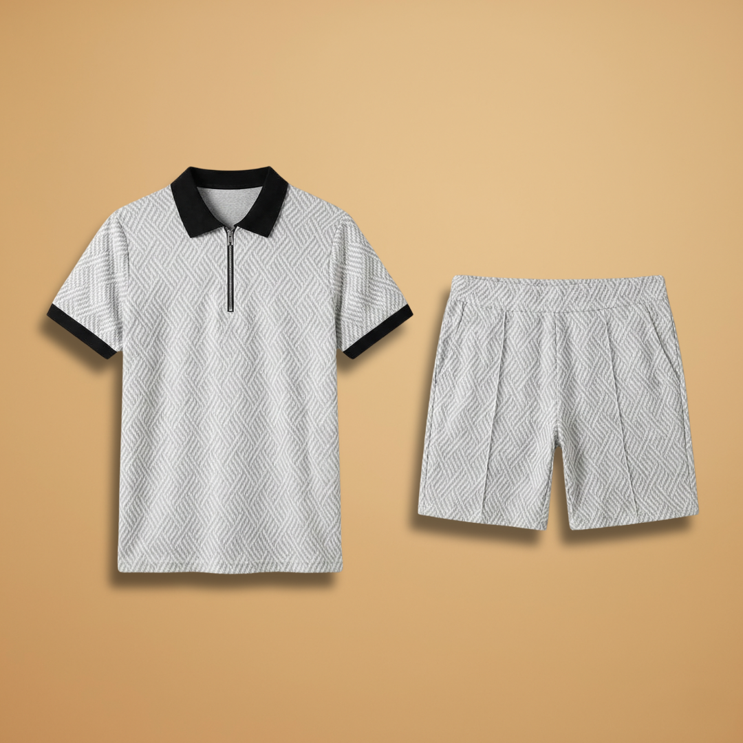 Men's Two Piece Short Sleeve Zip Up Polo Shirt and Shorts Set