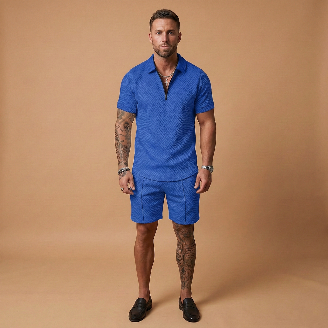 Men's Two Piece Short Sleeve Zip Up Polo Shirt and Shorts Set