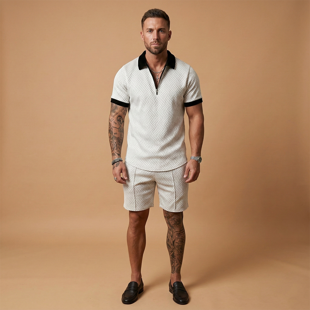Men's Two Piece Short Sleeve Zip Up Polo Shirt and Shorts Set