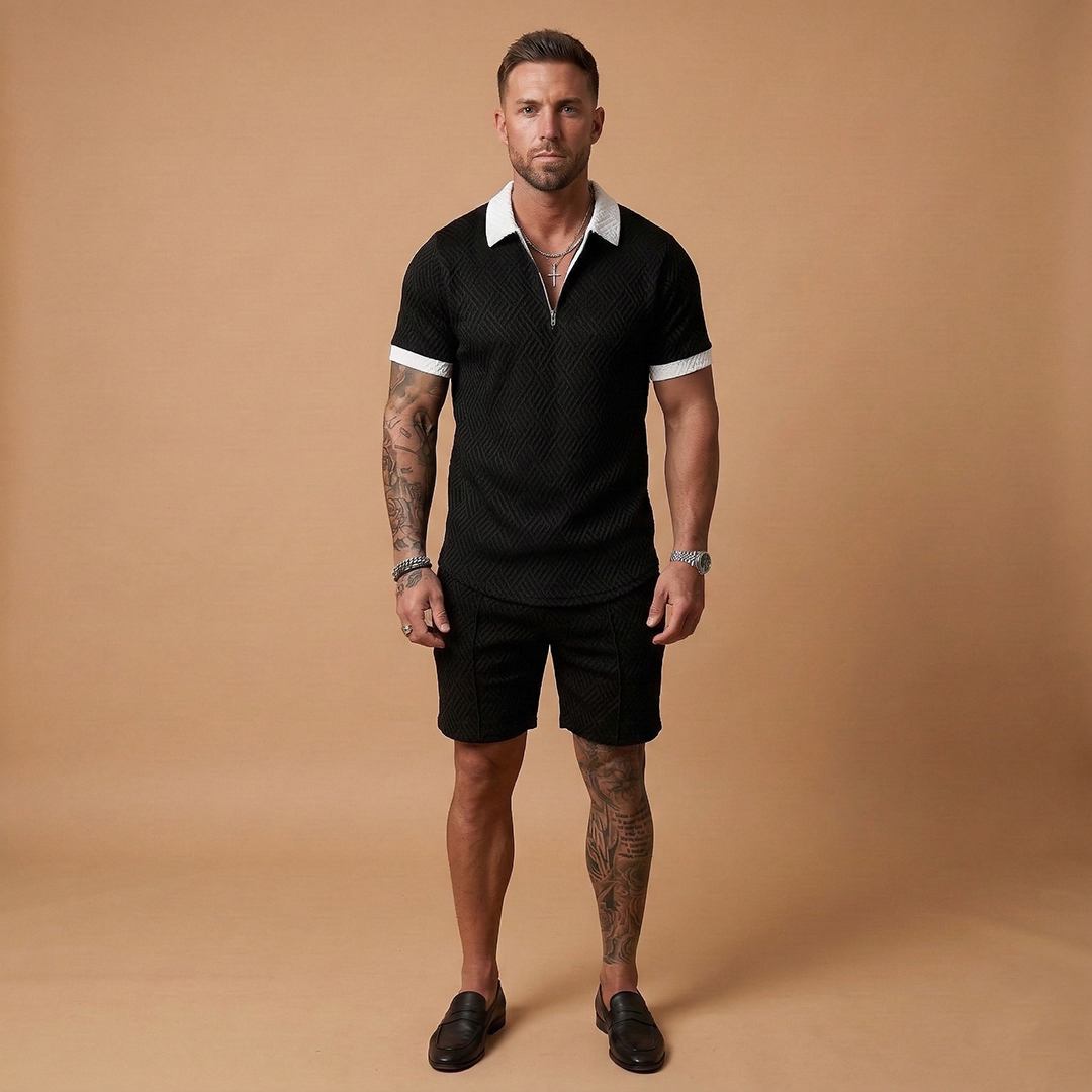 Men's Two Piece Short Sleeve Zip Up Polo Shirt and Shorts Set