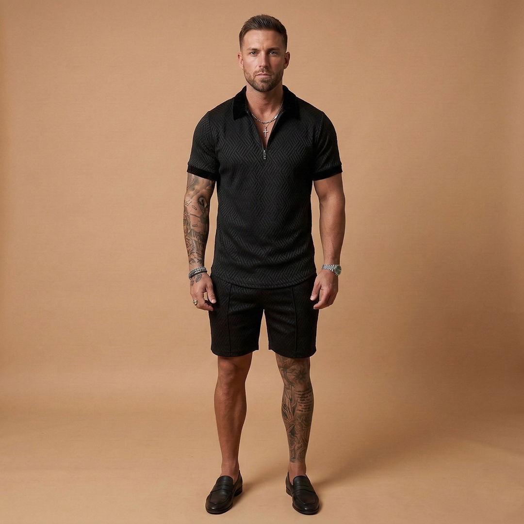Men's Two Piece Short Sleeve Zip Up Polo Shirt and Shorts Set
