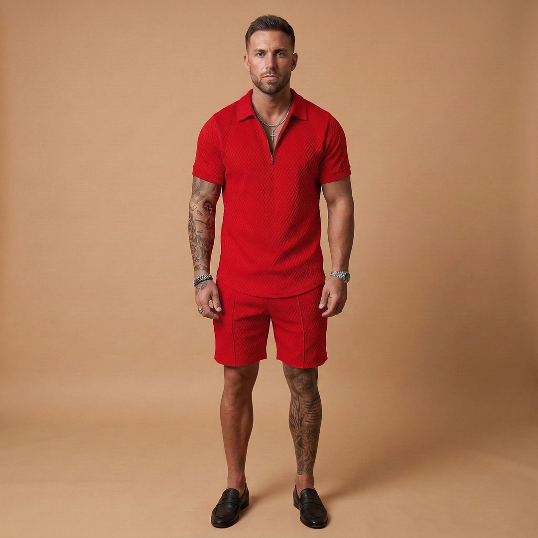 Men's Two Piece Short Sleeve Zip Up Polo Shirt and Shorts Set
