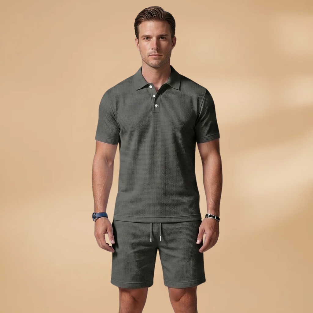 Men's Two Piece Polo Shirt and Drawstring Shorts Set Summer