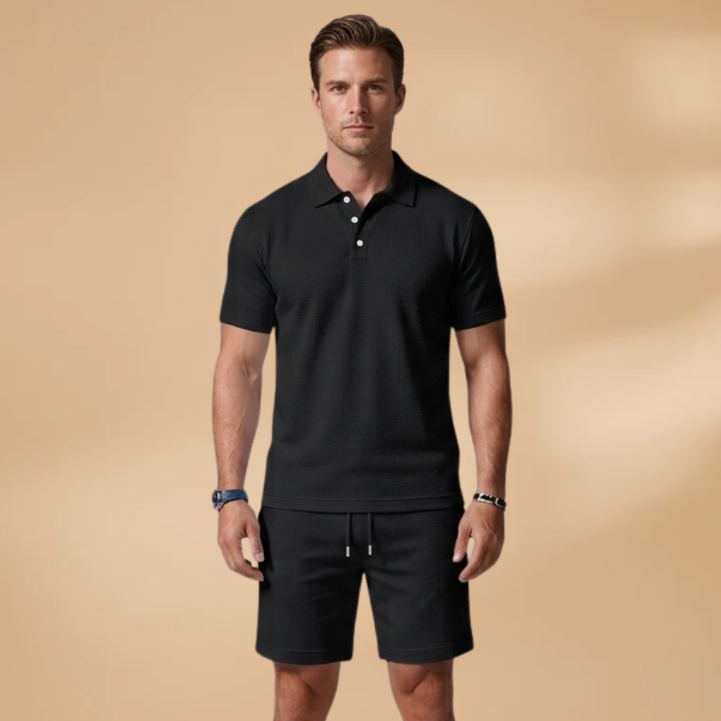 Men's Two Piece Polo Shirt and Drawstring Shorts Set Summer