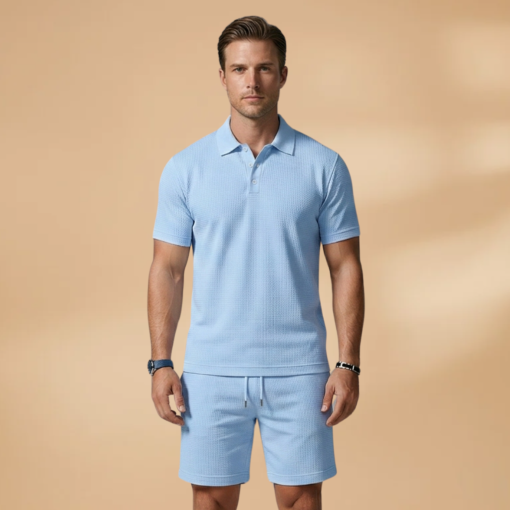 Men's Two Piece Polo Shirt and Drawstring Shorts Set Summer
