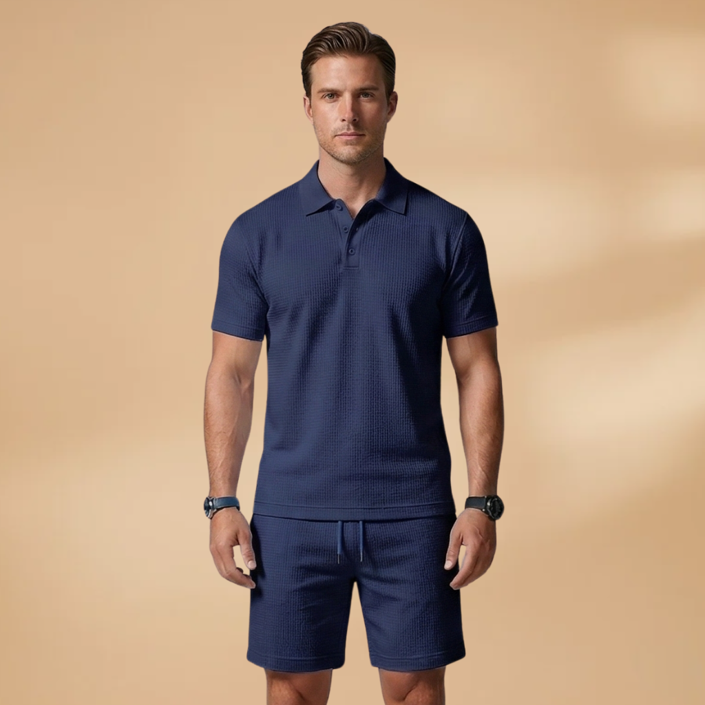 Men's Two Piece Polo Shirt and Drawstring Shorts Set Summer