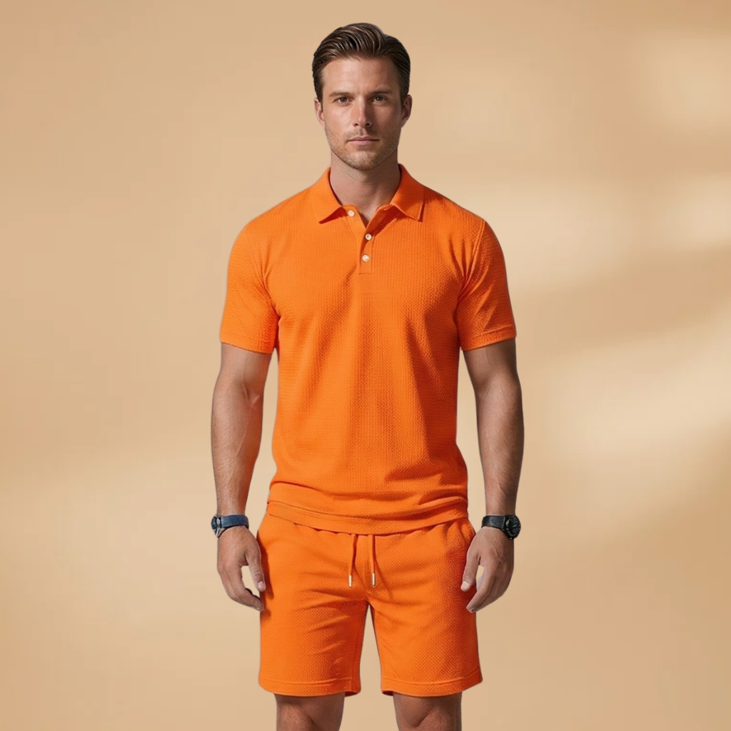 Men's Two Piece Polo Shirt and Drawstring Shorts Set Summer