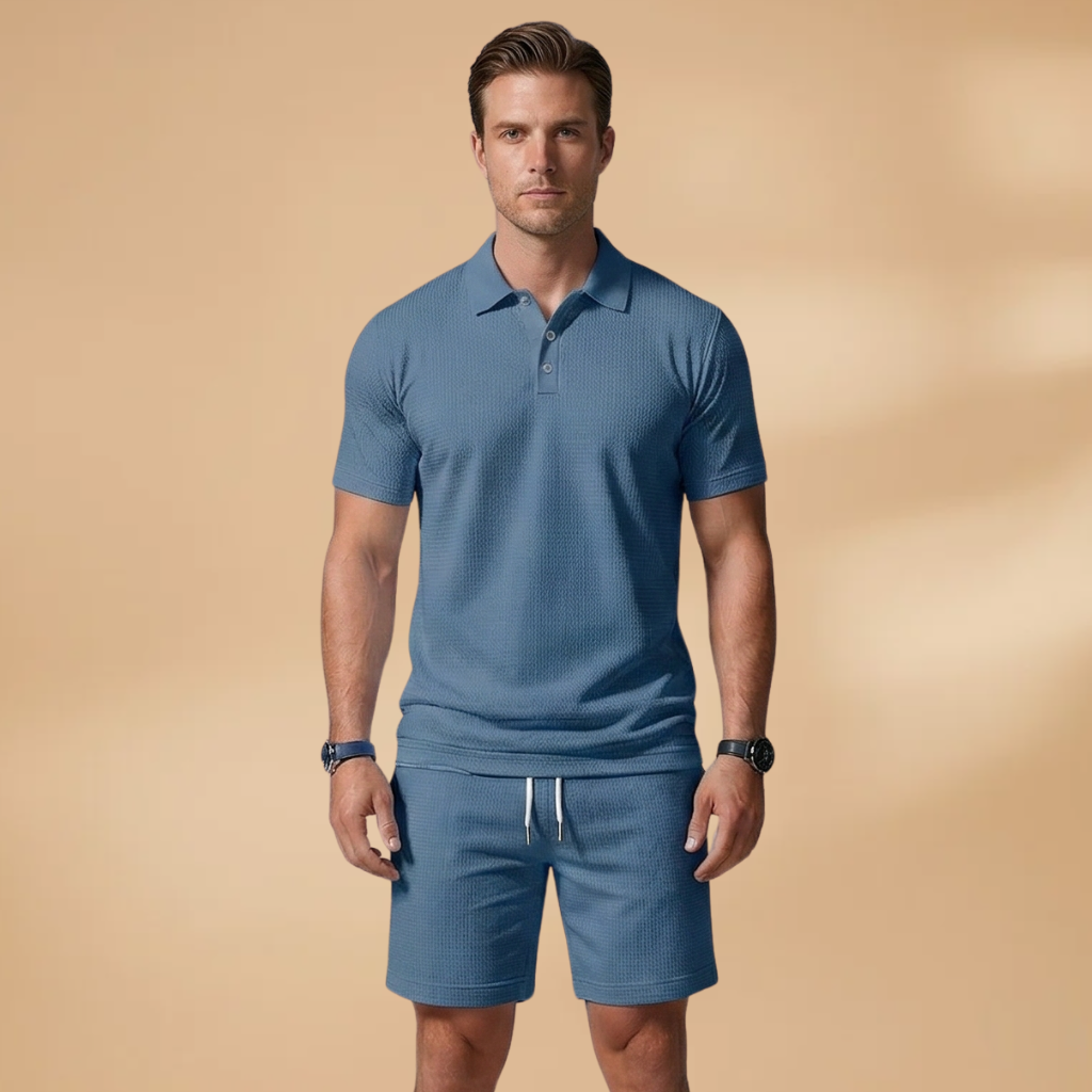 Men's Two Piece Polo Shirt and Drawstring Shorts Set Summer
