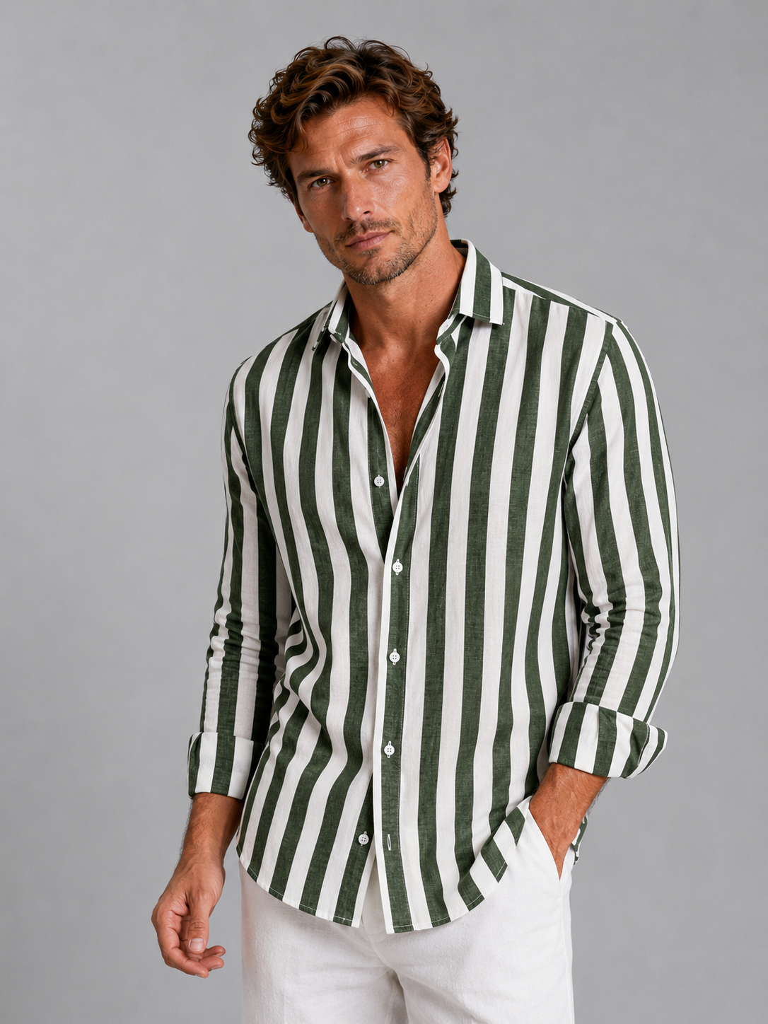 Men’s Striped Linen Look Button-Up Shirt