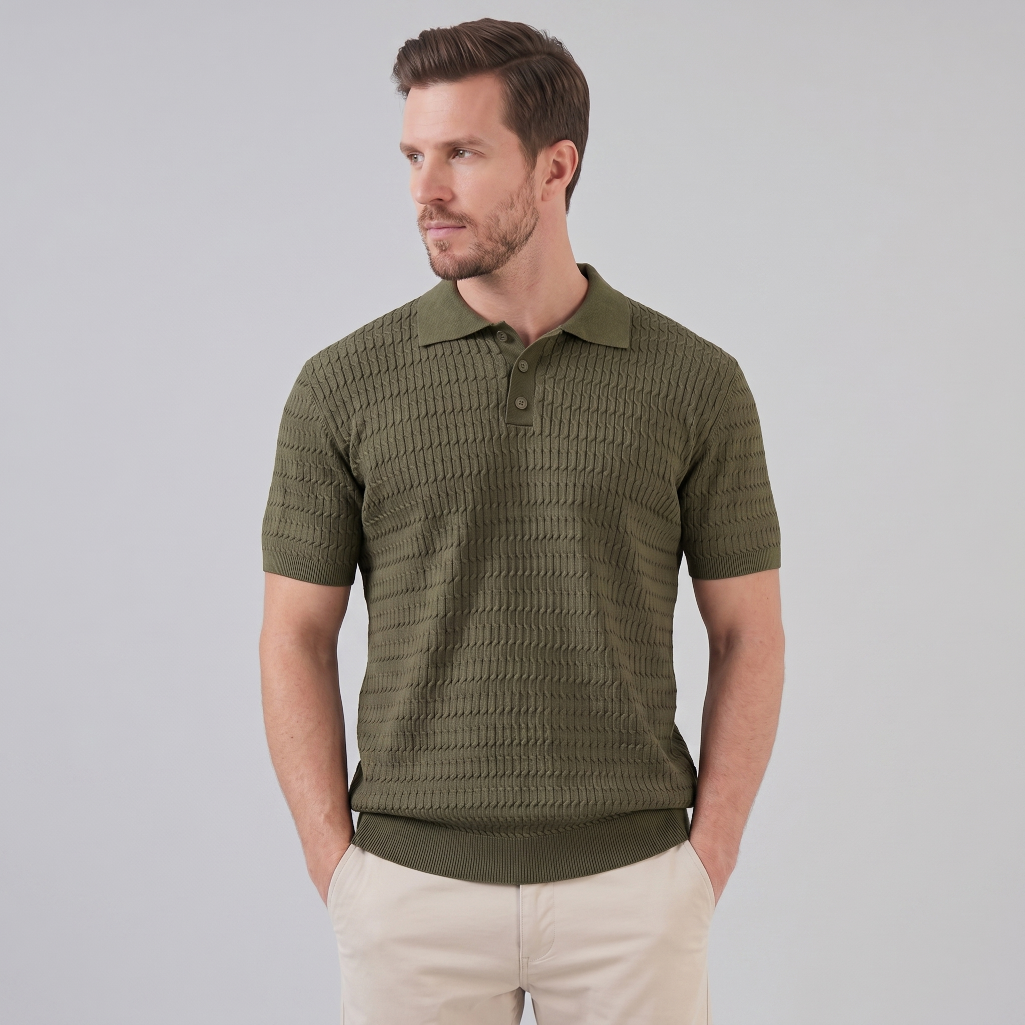 Men's Cable Knit Open Collar Polo Shirt Short Sleeve Summer