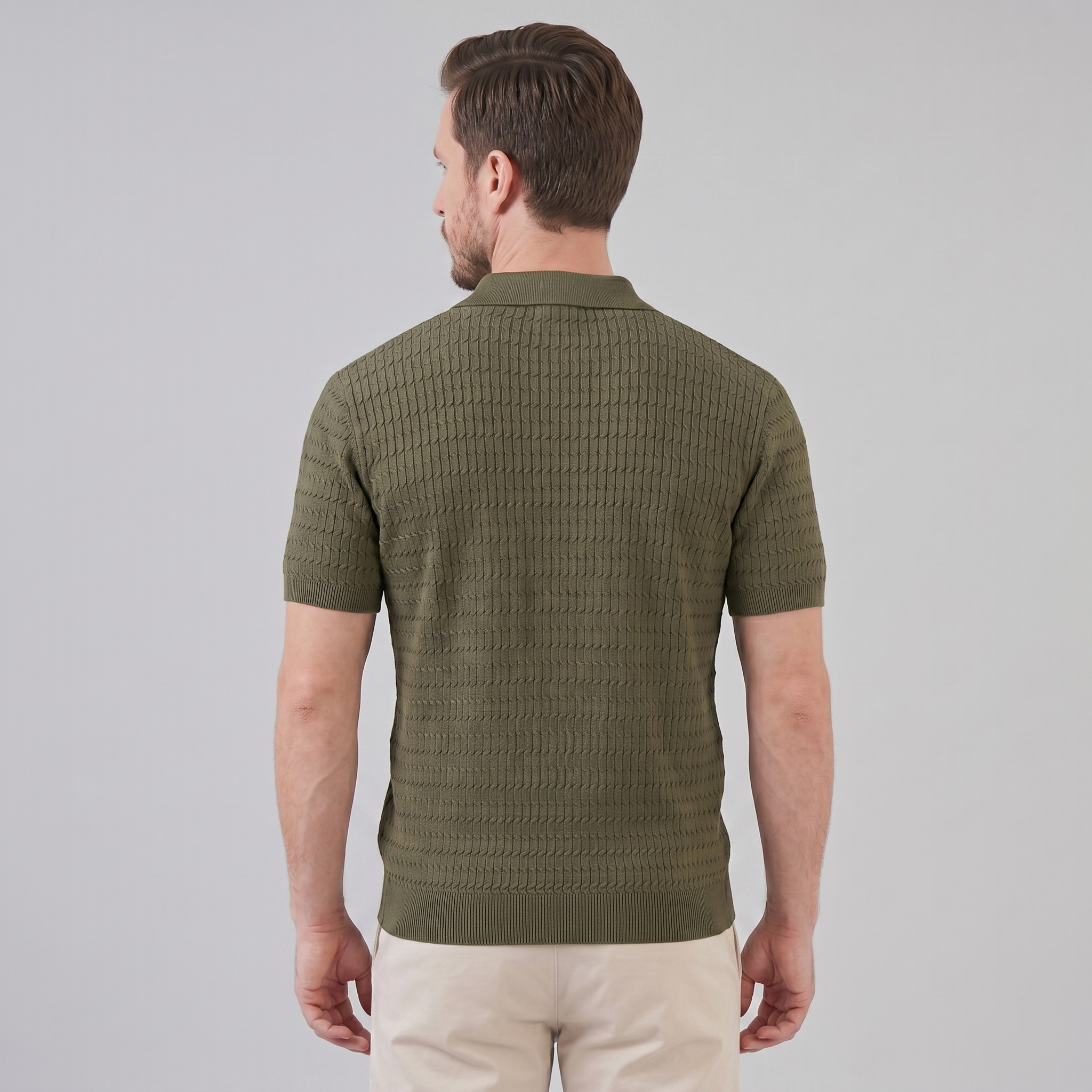 Men's Cable Knit Open Collar Polo Shirt Short Sleeve Summer