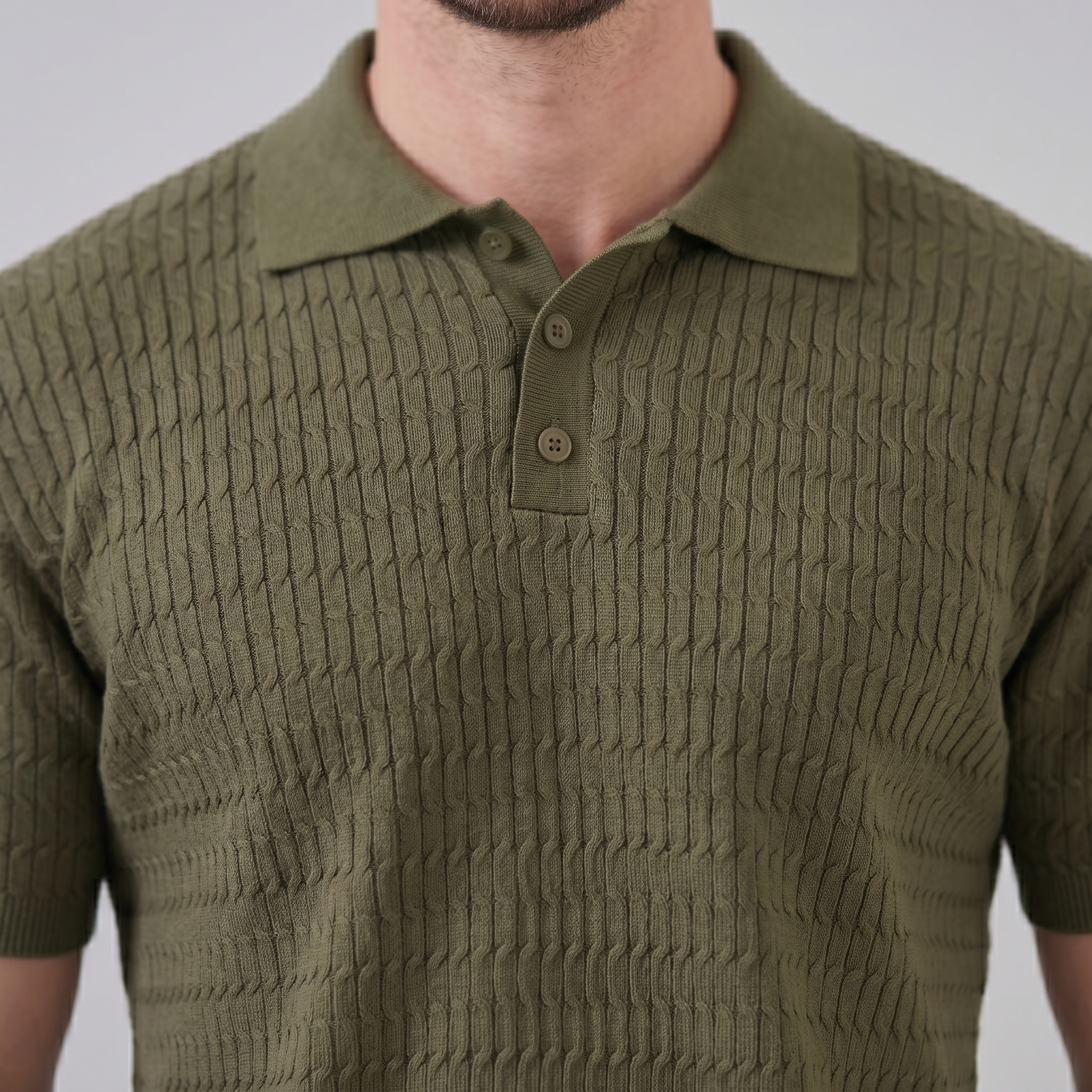 Men's Cable Knit Open Collar Polo Shirt Short Sleeve Summer