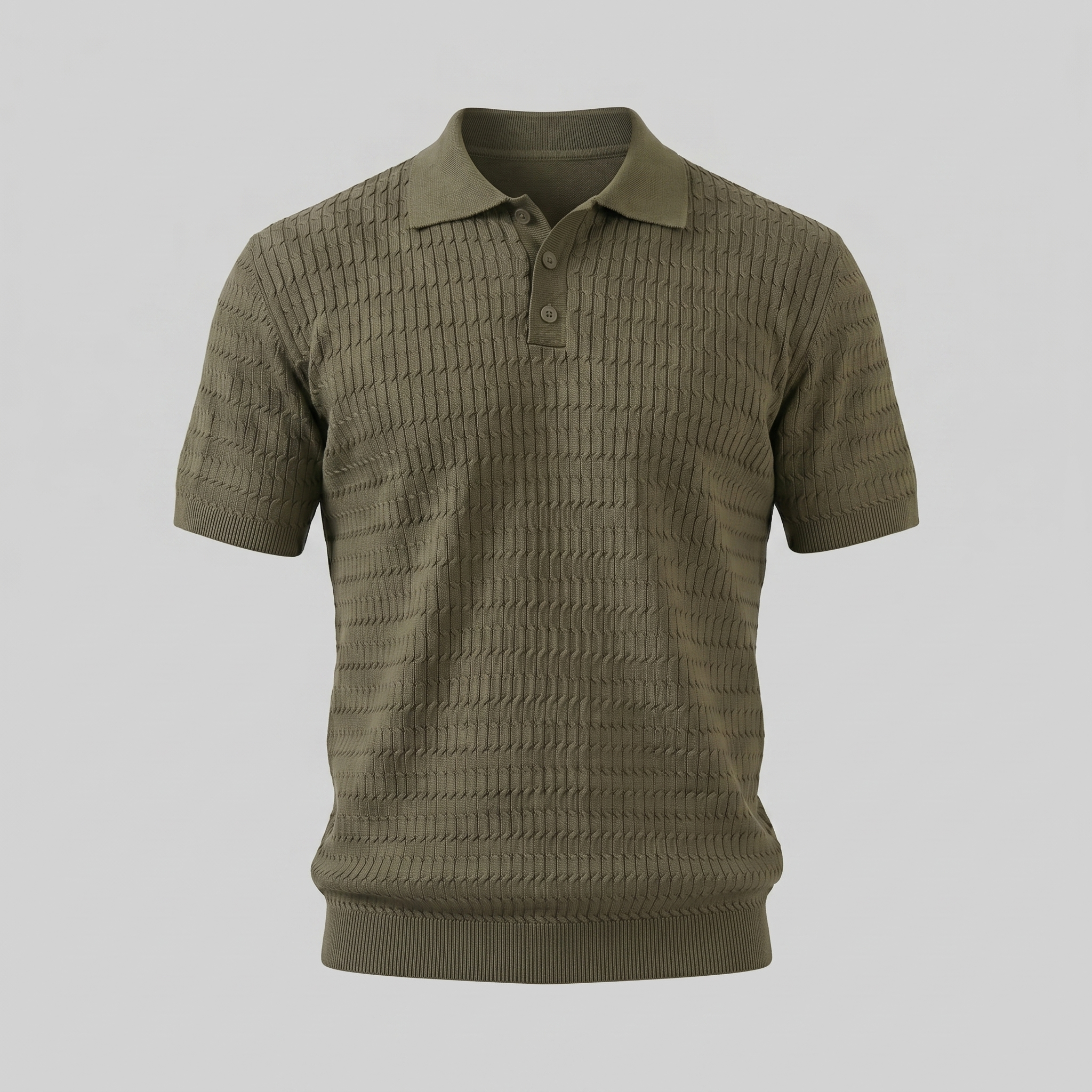 Men's Cable Knit Open Collar Polo Shirt Short Sleeve Summer
