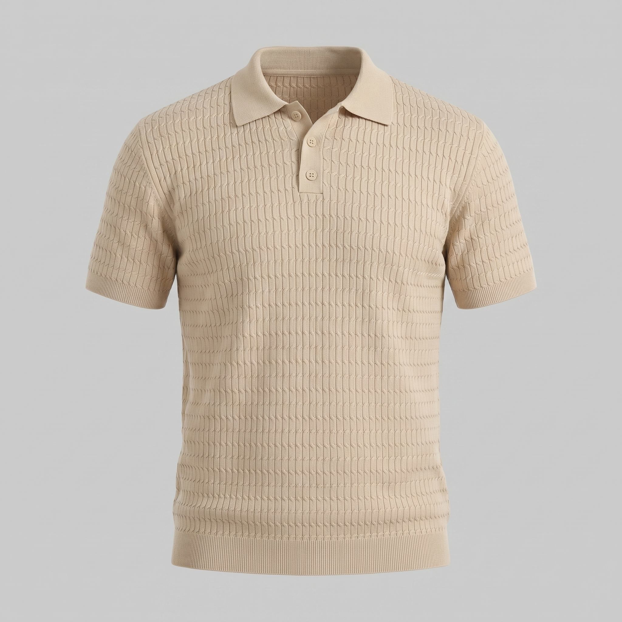Men's Cable Knit Open Collar Polo Shirt Short Sleeve Summer
