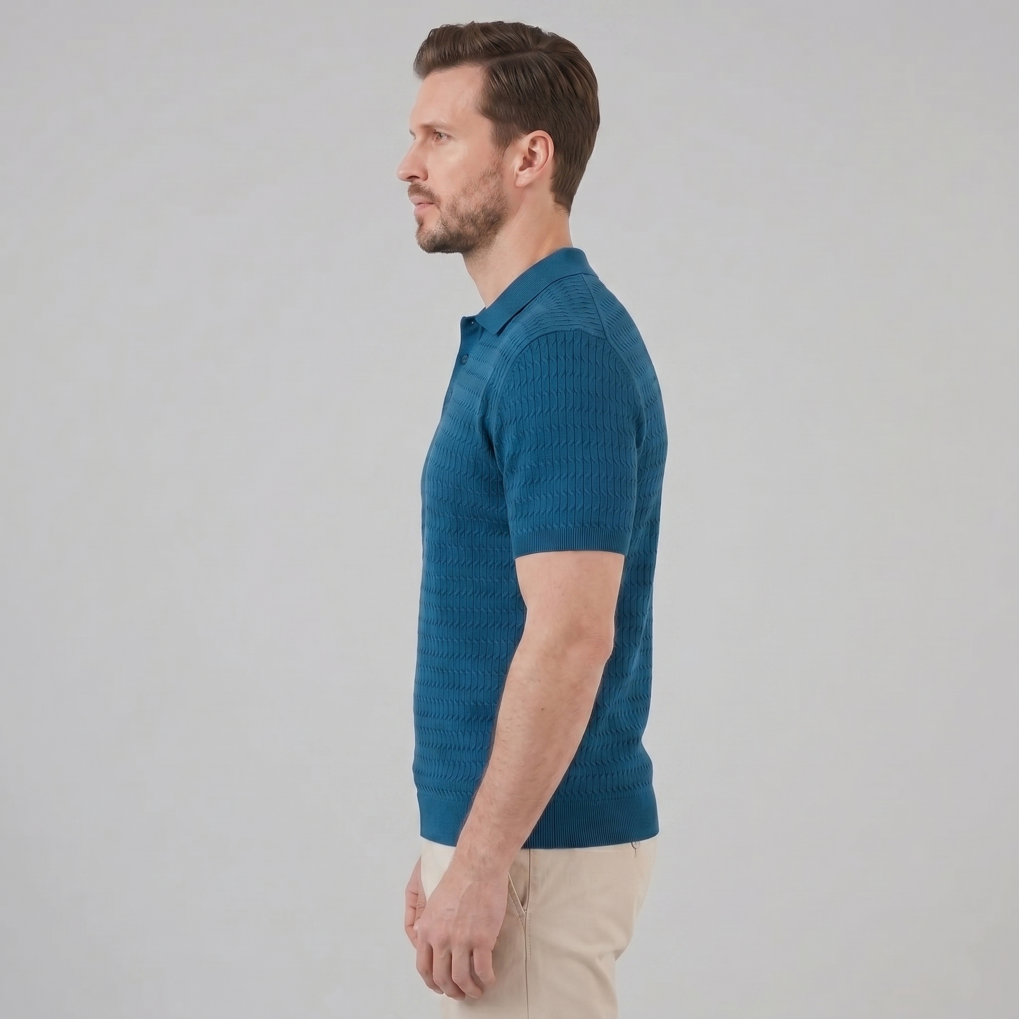 Men's Cable Knit Open Collar Polo Shirt Short Sleeve Summer