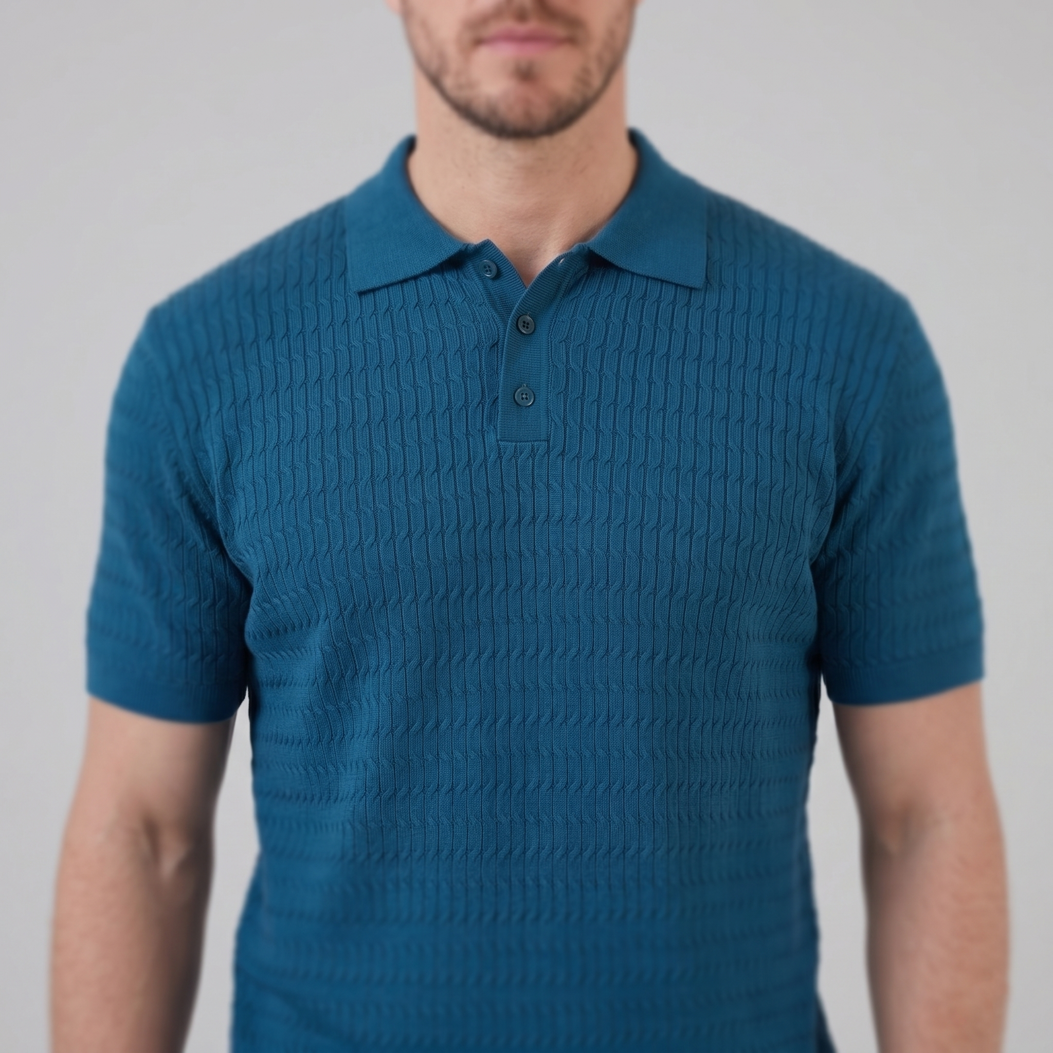 Men's Cable Knit Open Collar Polo Shirt Short Sleeve Summer