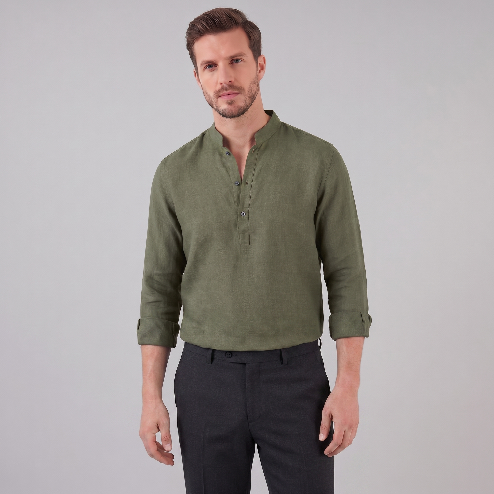Men's Linen Grandad Collar Half Placket Shirt Summer