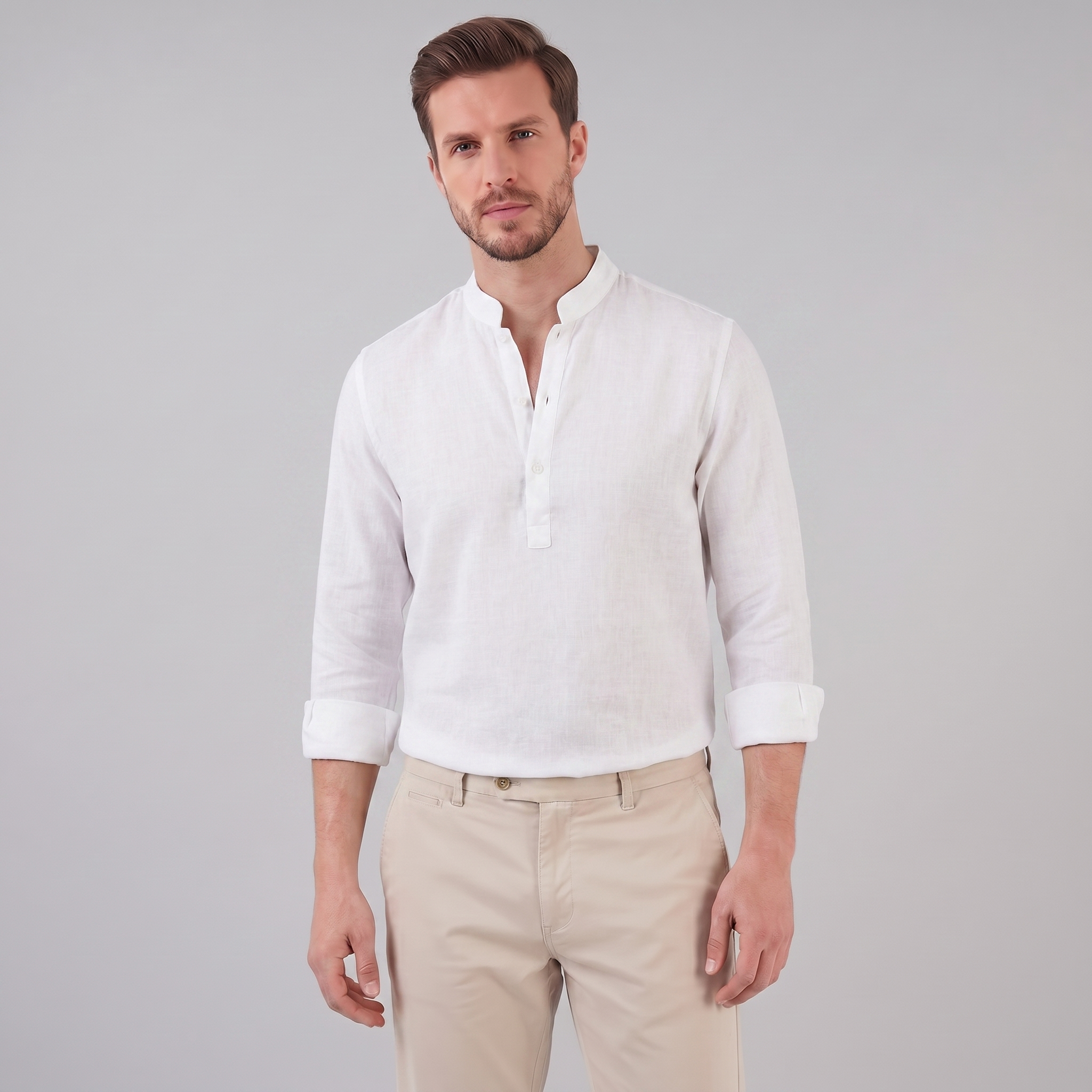 Men's Linen Grandad Collar Half Placket Shirt Summer
