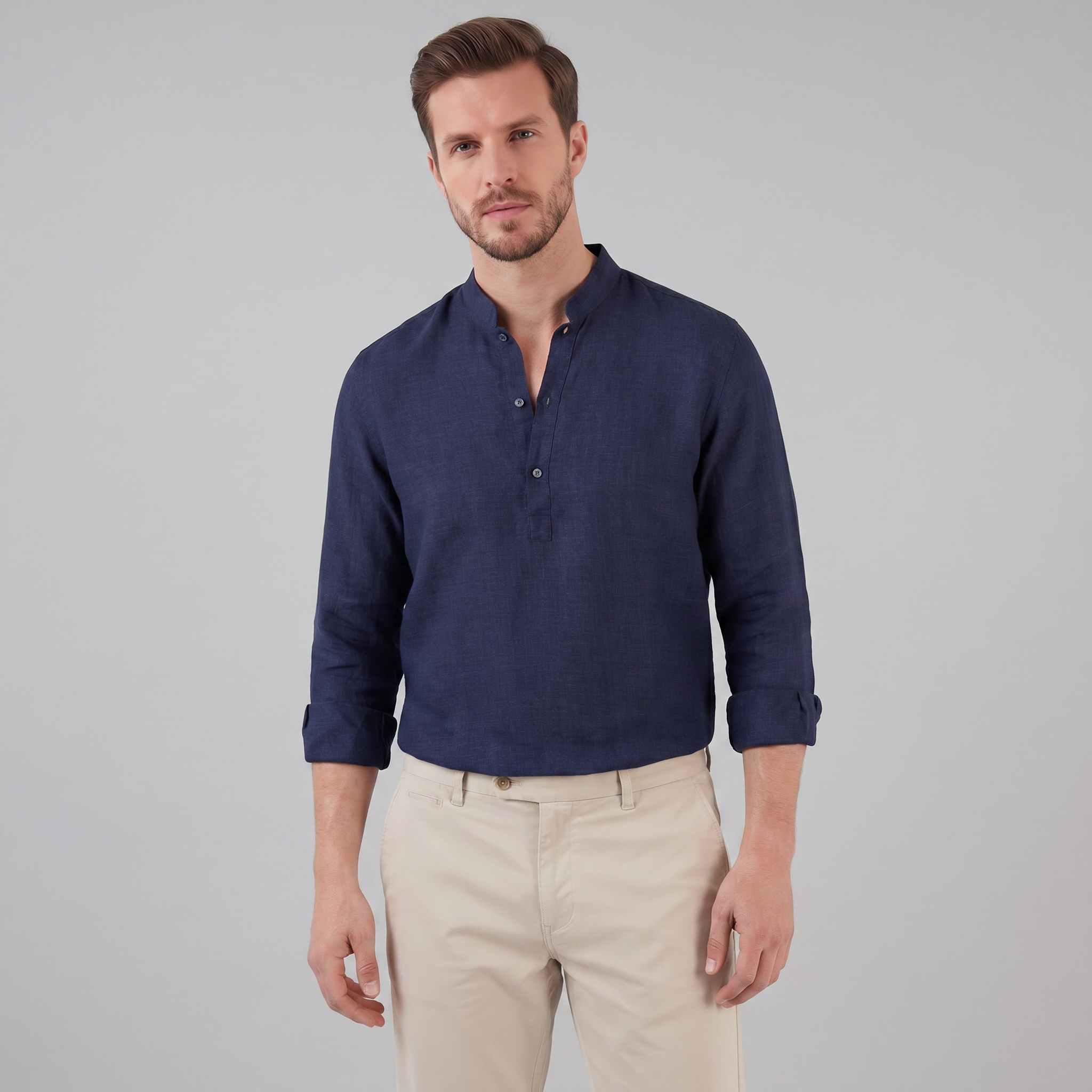 Men's Linen Grandad Collar Half Placket Shirt Summer