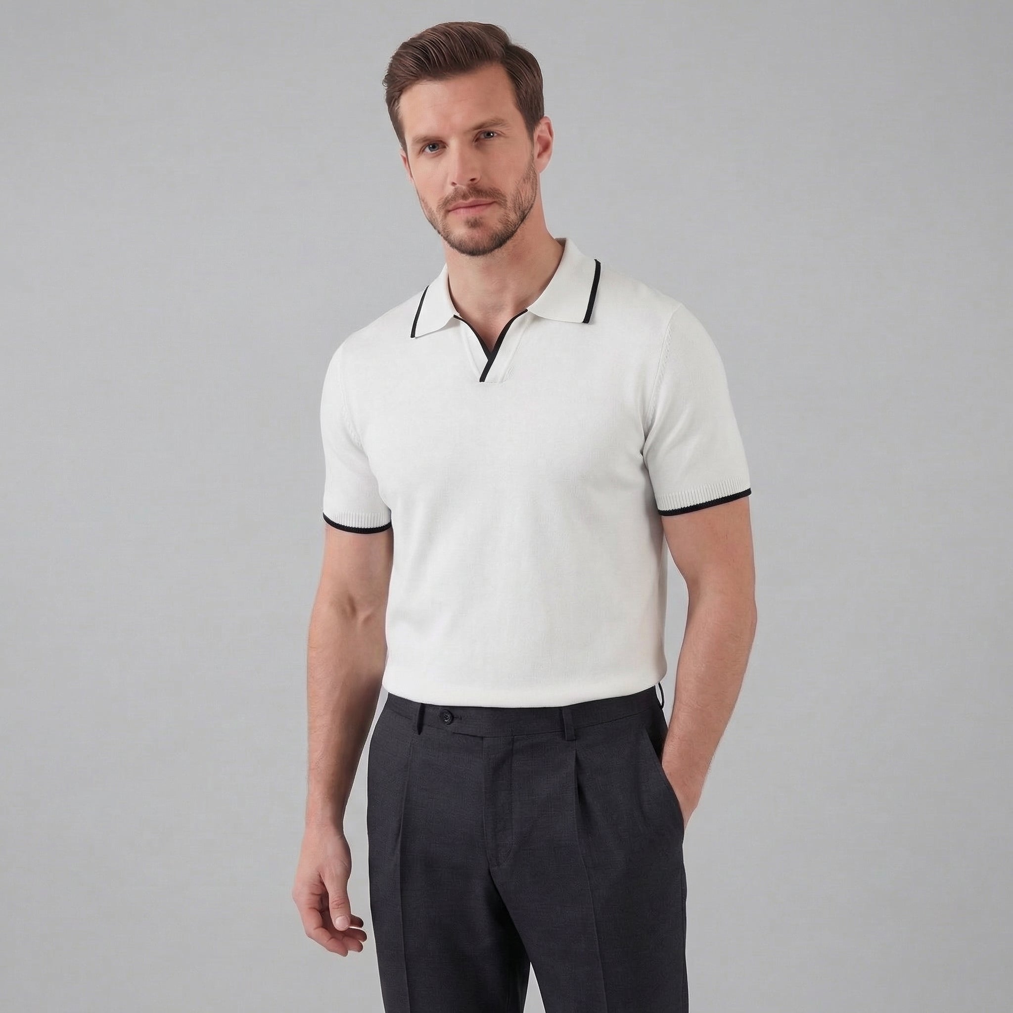 Men's Contrast Tipped Knit Polo Shirt Short Sleeve Summer